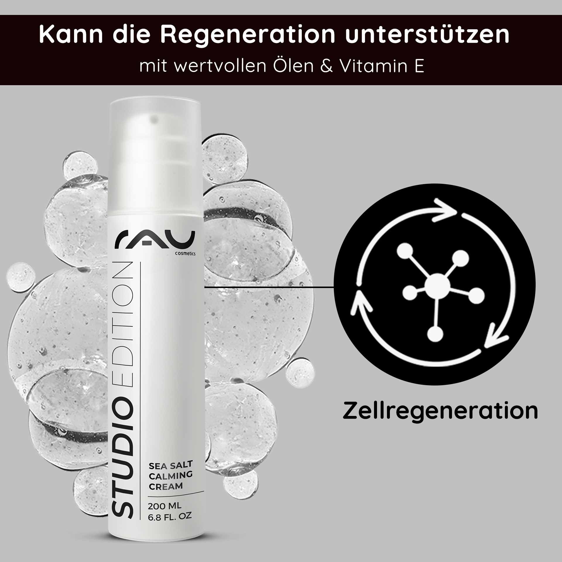 RAU Cosmetics Sea Salt Calming Cream, confezione da 200 ml con bolle, che evidenzia i benefici della rigenerazione cutanea con oli e vitamina E.