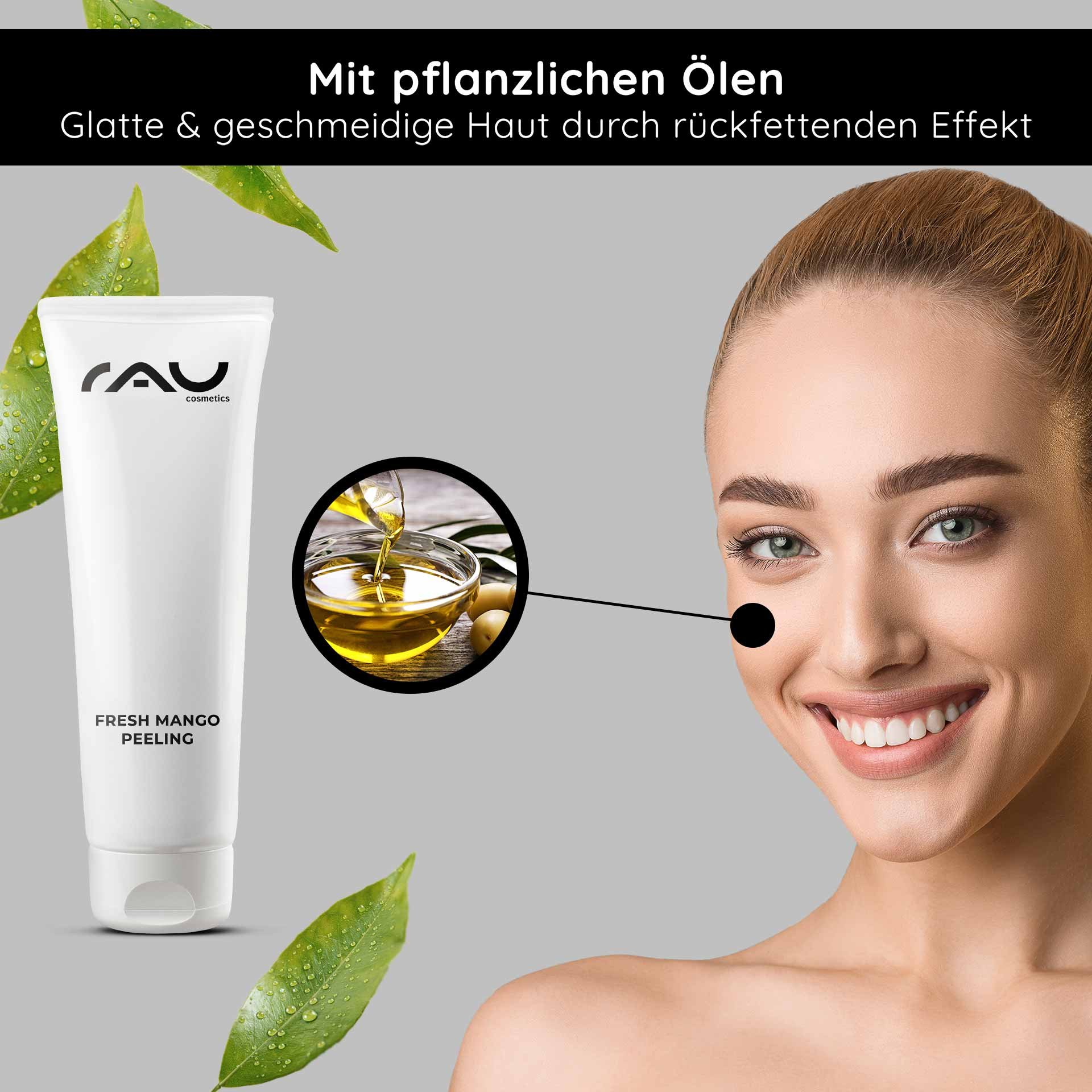 Confezione del RAU Fresh Mango Peeling — Tubo da 75 ml con dettagli del prodotto