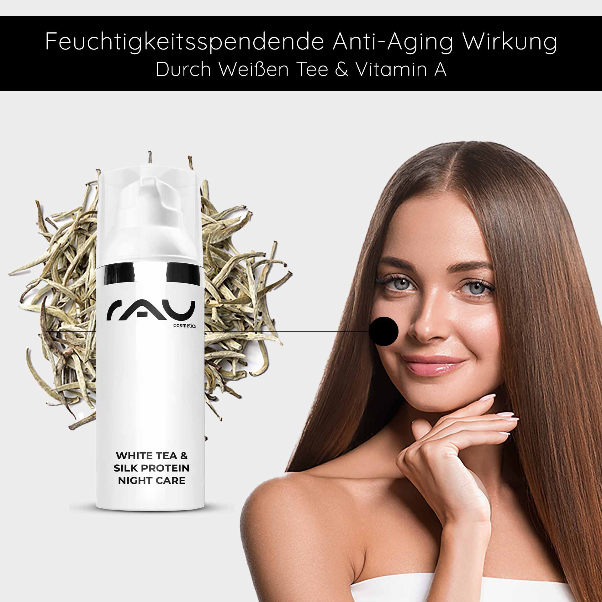 Nachtcreme von RAU Cosmetics con weißem Tee e Seidenproteinen, feuchtigkeitsspendende anti-aging Wirkung, junge Frau con gesundem Teint e langen Haaren, su viso zeigend.