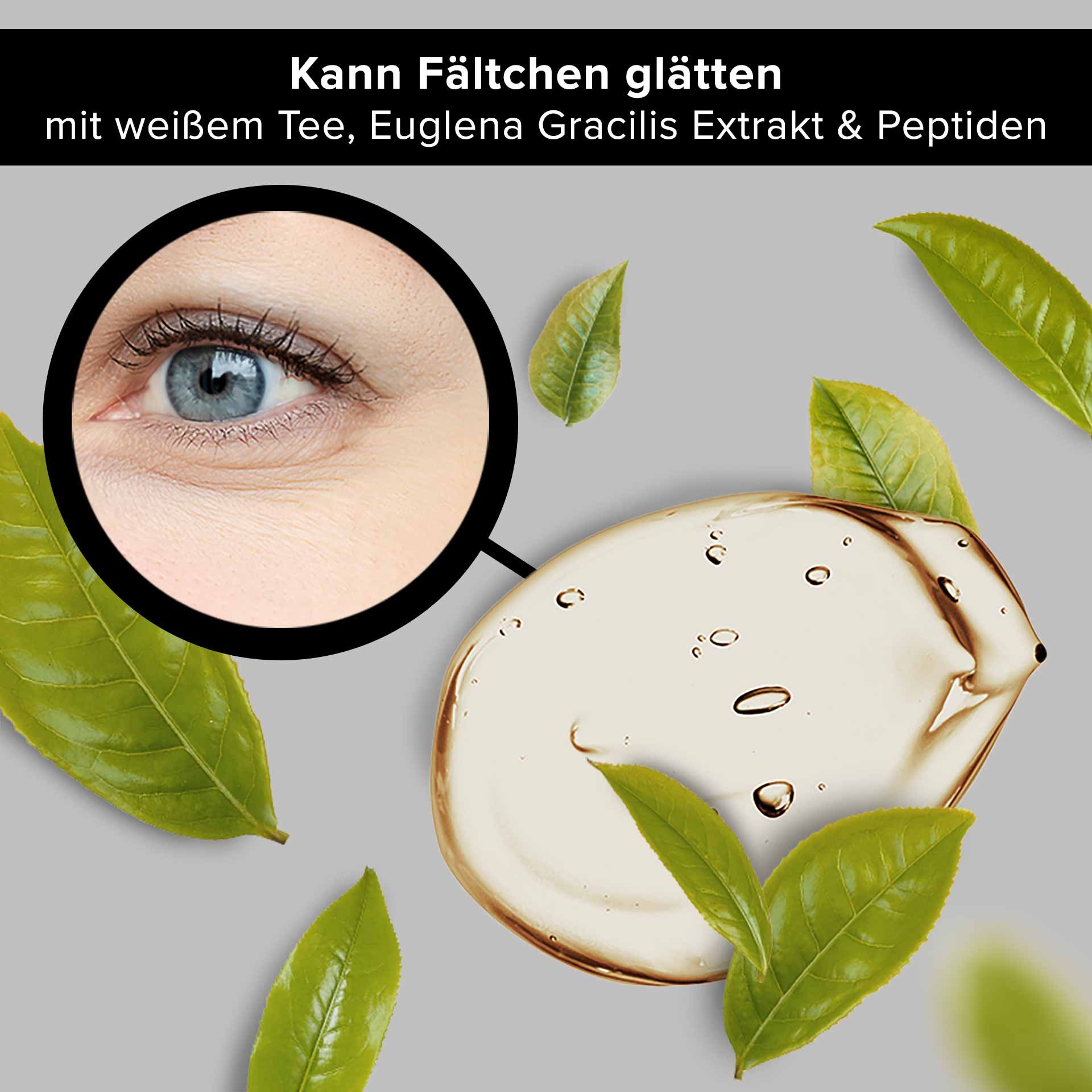 Augenbereich con feinen Linien, umgeben von grünen Teeblättern e einer Geltextur, betont la anti-aging Wirkung des RAU Cosmetics White Tea Eye Cooling Gel con weißem Tee, Euglena Gracilis Extrakt e Peptiden.