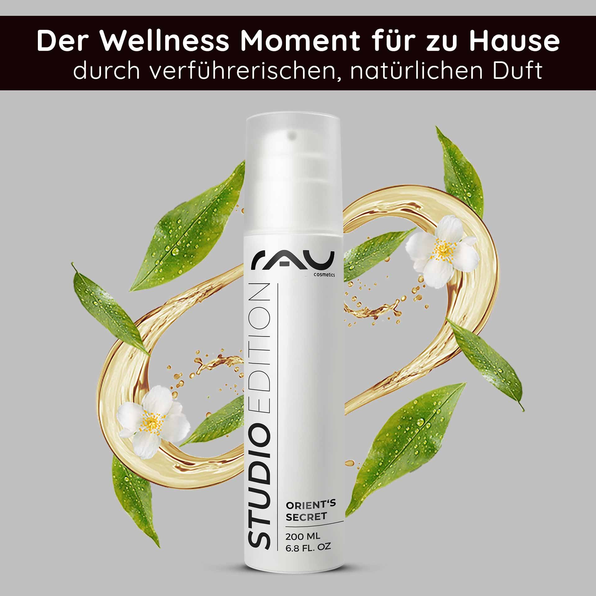 Gesichtscreme Orient's Secret von RAU Cosmetics in 200 ml, umgeben von natürlichen Zutaten wie Blüten e Blättern, betont la pflegenden Eigenschaften e den frischen Duft.