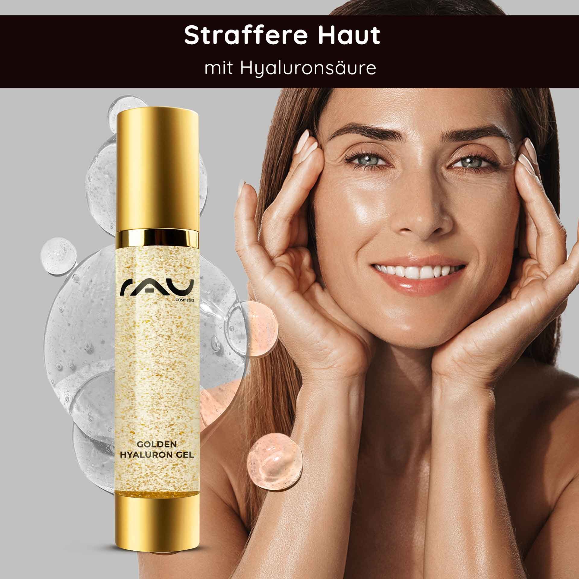 Goldene Hyalurongel-flacone von RAU Cosmetics con 23 Karat Gold, Frau trägt Hautpflege su e betont la anti-aging- e Feuchtigkeitsvorteile.