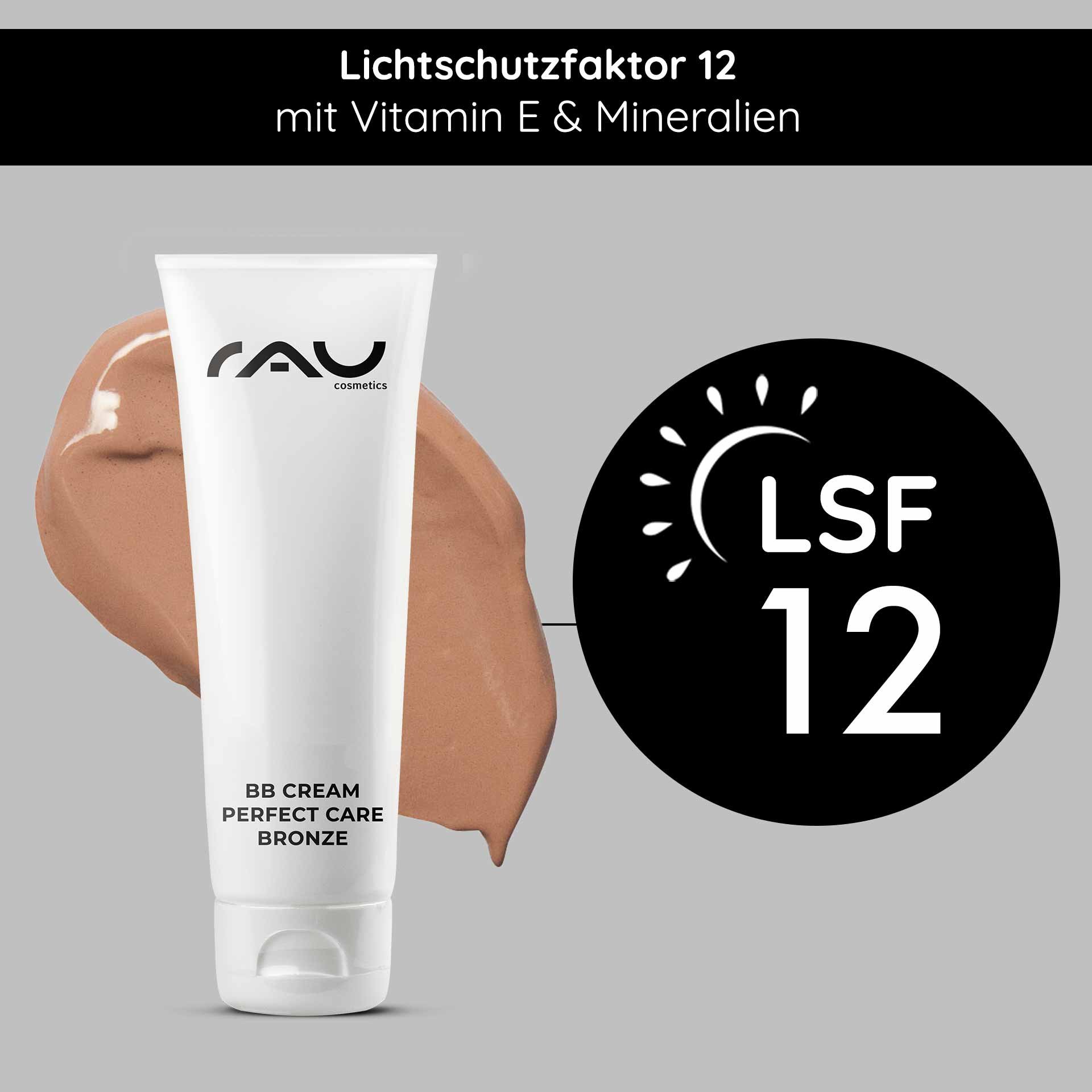 BB Cream Perfect Care Bronze von RAU Cosmetics, LSF 12, con cremiger Consistenza e den Vorteilen von Vitamin E e Mineralien, entwickelt per einen strahlenden Teint.