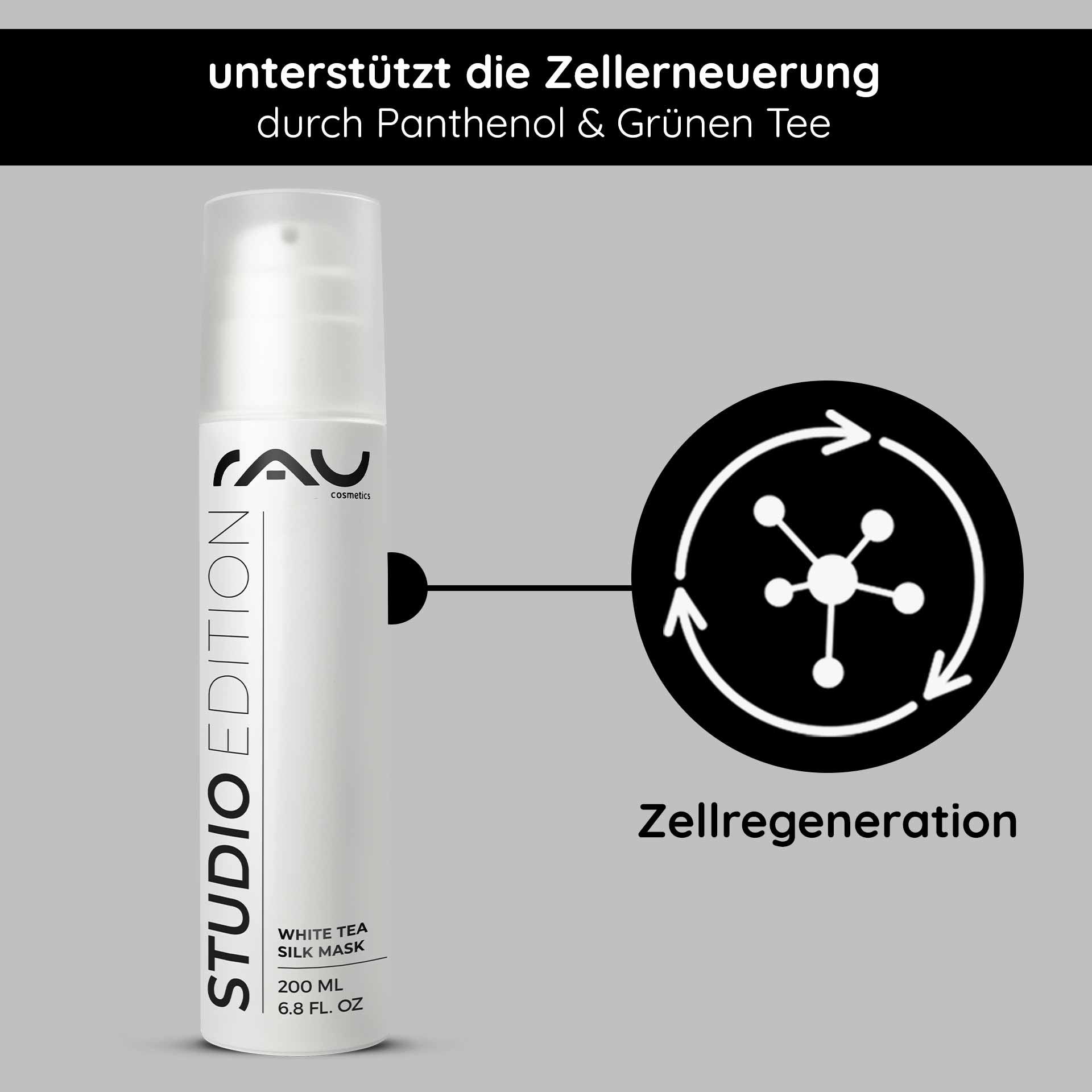 Maschera al tè bianco 200 ml Crema e Maschera Ricca RAU White Tea Silk Mask, 200-ml-Flasche mit Text, der die durch Panthenol und grünen Tee unterstützte Zellregeneration hervorhebt, auf grauem Hintergrund.