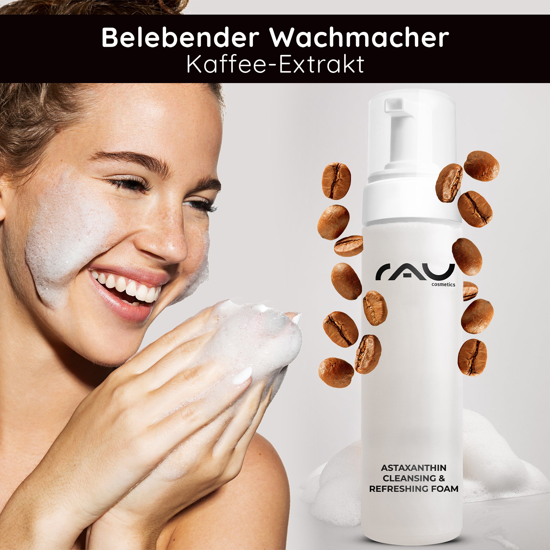 Donna con pelle curata dopo la detersione con RAU Astaxanthin Cleansing Foam