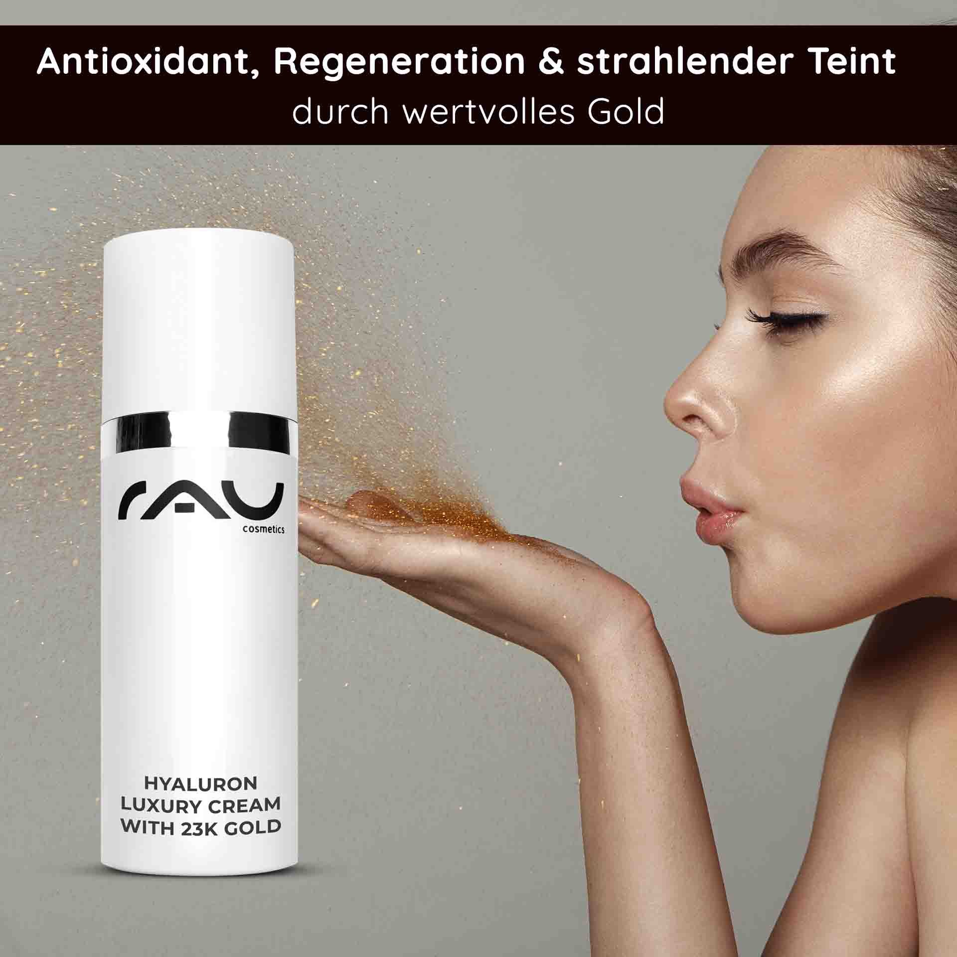 Hyaluron-Luxuscreme mit 23 Karat Gold, Frau trägt Creme auf, strahlende Haut, Anti-Aging-Vorteile, RAU Cosmetics-Marke, antioxidative und regenerierende Eigenschaften.