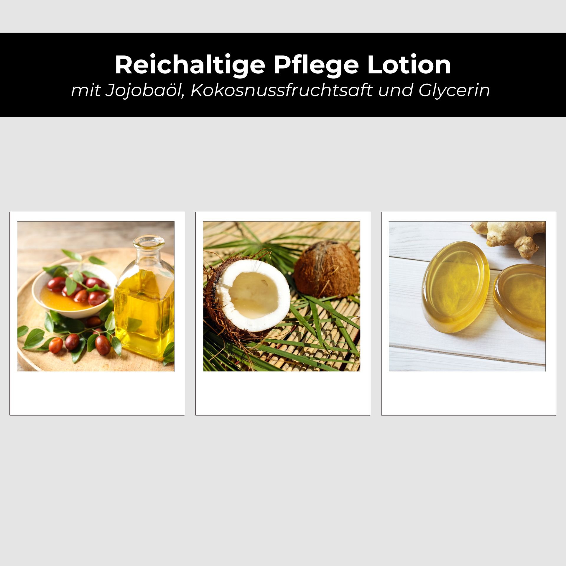 Lozione curativa ricca con olio di jojoba, frutto di cocco e glicerina, ingredienti per un'idratazione e cura intensiva della pelle.