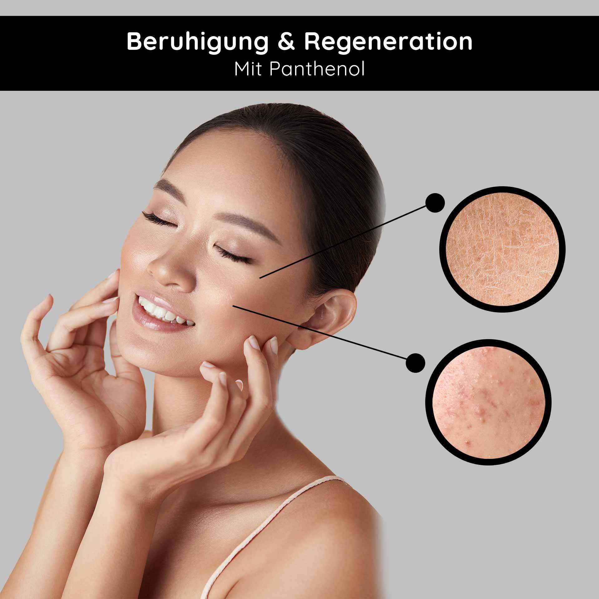 Siero alle cellule staminali 100 ml Siero alle cellule staminali anti-età per pelli mature e secche Frau mit geschlossenen Augen und sanftem Lächeln, die ihre Wangen berührt, umgeben von Hauttexturen, die Hautberuhigung und Regeneration mit Panthenol symbolisieren.
