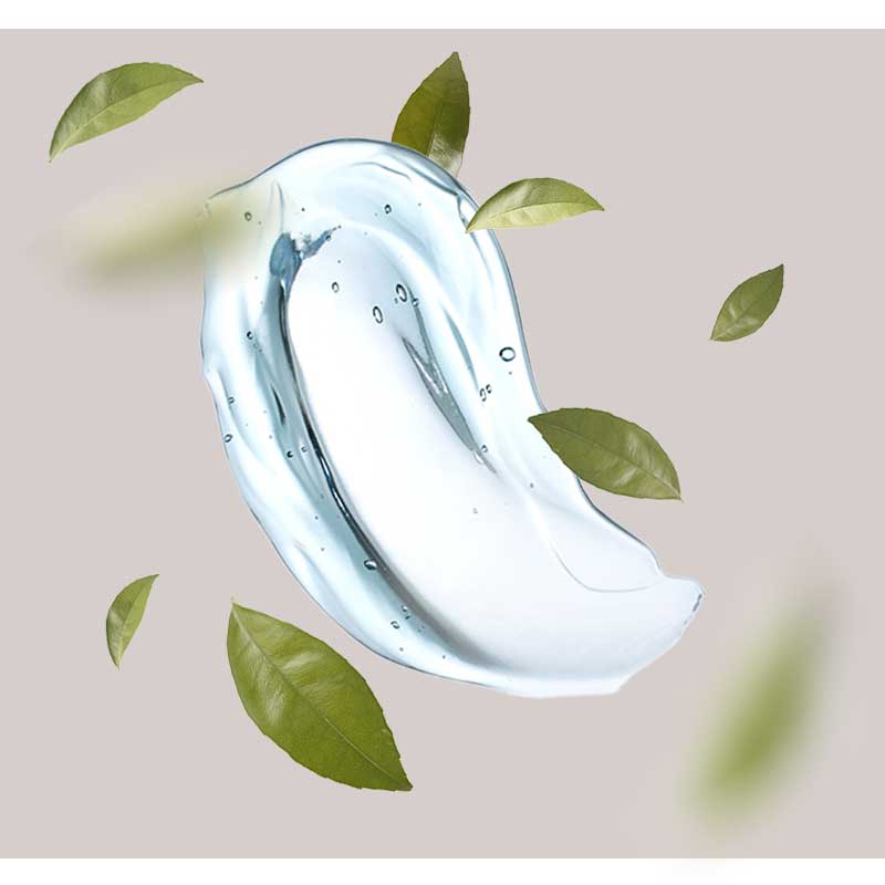 Collagen Wasser- und Aloe Vera-Gel mit grünen Blättern, symbolisierend die feuchtigkeitsspendenden und beruhigenden Eigenschaften der Collagen- und Hyaluronsäure-Tuchmaske für reife und trockene Haut.