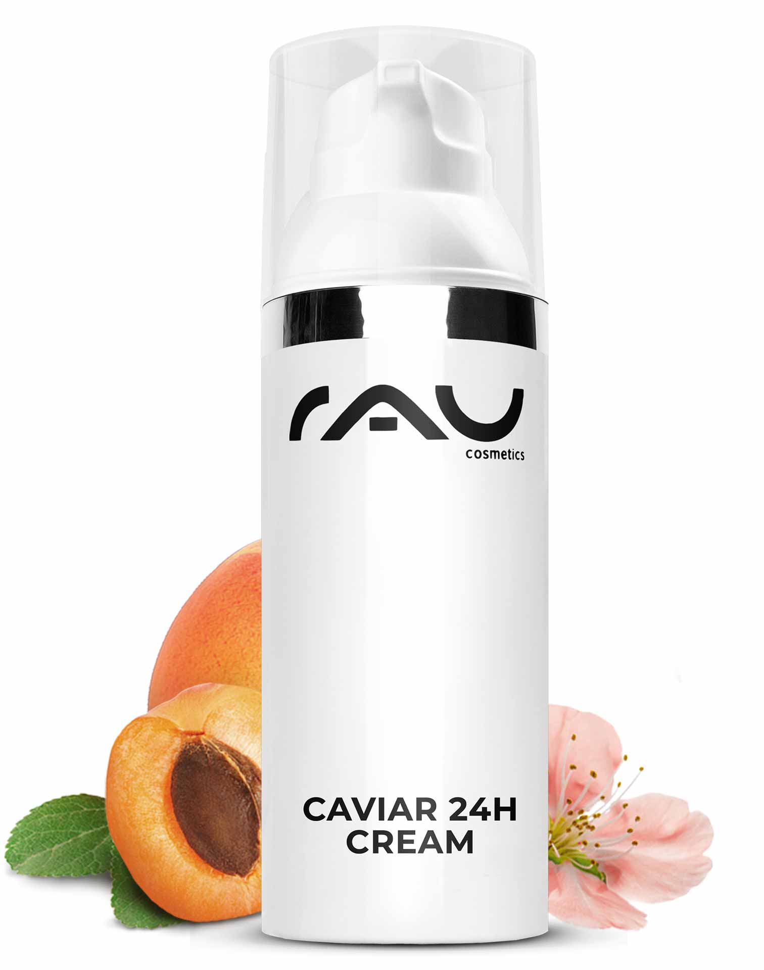Caviar 24h Cream 50 ml Trattamento della pelle con estratto di caviale Flasche der RAU Cosmetics Caviar 24h Cream mit Aprikosen- und Blumenakzenten, die die Anti-Aging-Eigenschaften und die feuchtigkeitsspendende Wirkung hervorhebt.