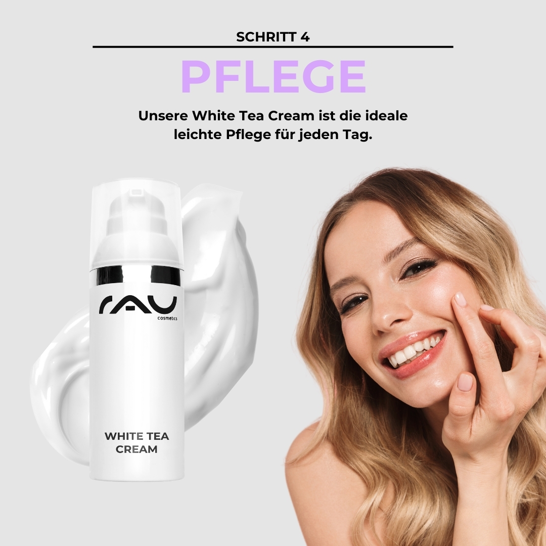 Routine di cura avanzata per pelli normali White Tea Cream von RAU Cosmetics mit einer lächelnden Frau, die sie auf ihr Gesicht aufträgt und die Hautpflegeroutine für normale Haut betont.
