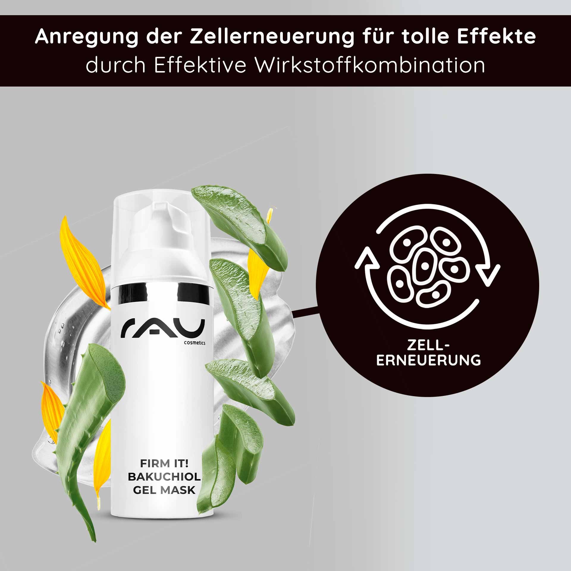 RAU Cosmetics Firm it! Maschera gel al bakuchiol con aloe vera ed elementi vegetali, favorisce il rinnovamento cellulare e presenta benefici anti-age.