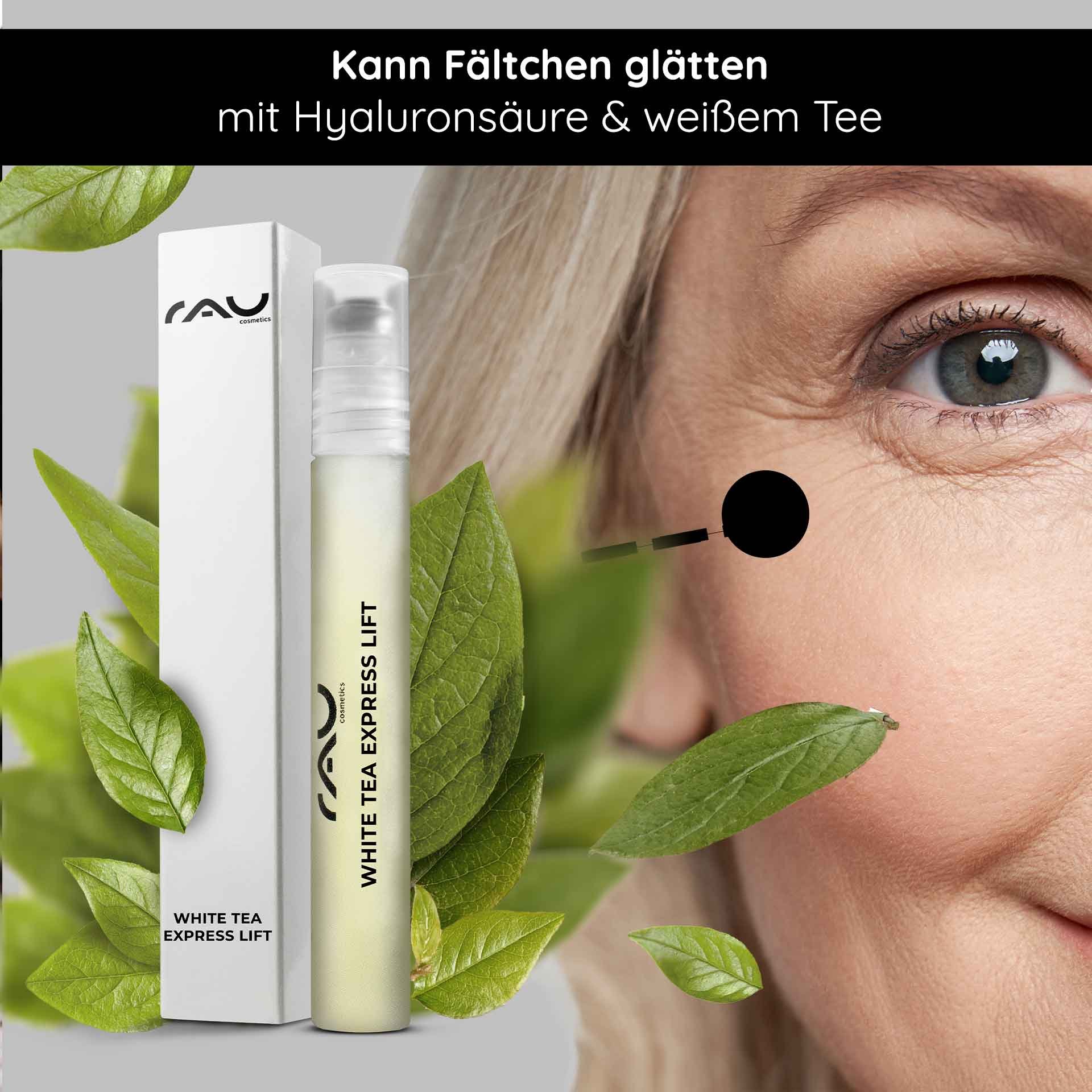 RAU Cosmetics White Tea Express Lift Roll-On Siero anti-age con acido ialuronico e tè bianco, favorisce il levigamento delle rughe, circondato da foglie di tè verde e primo piano di un occhio.