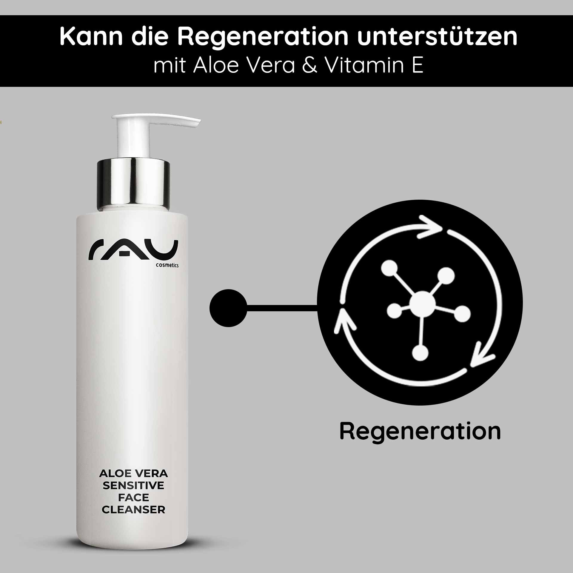 Aloe Vera Detergente viso sensibile 200 ml Detergente Flasche mit Pumpe des Aloe Vera Sensitive Face Cleanser von RAU Cosmetics mit Text, der die Regenerationsunterstützung mit Aloe Vera und Vitamin E hervorhebt.