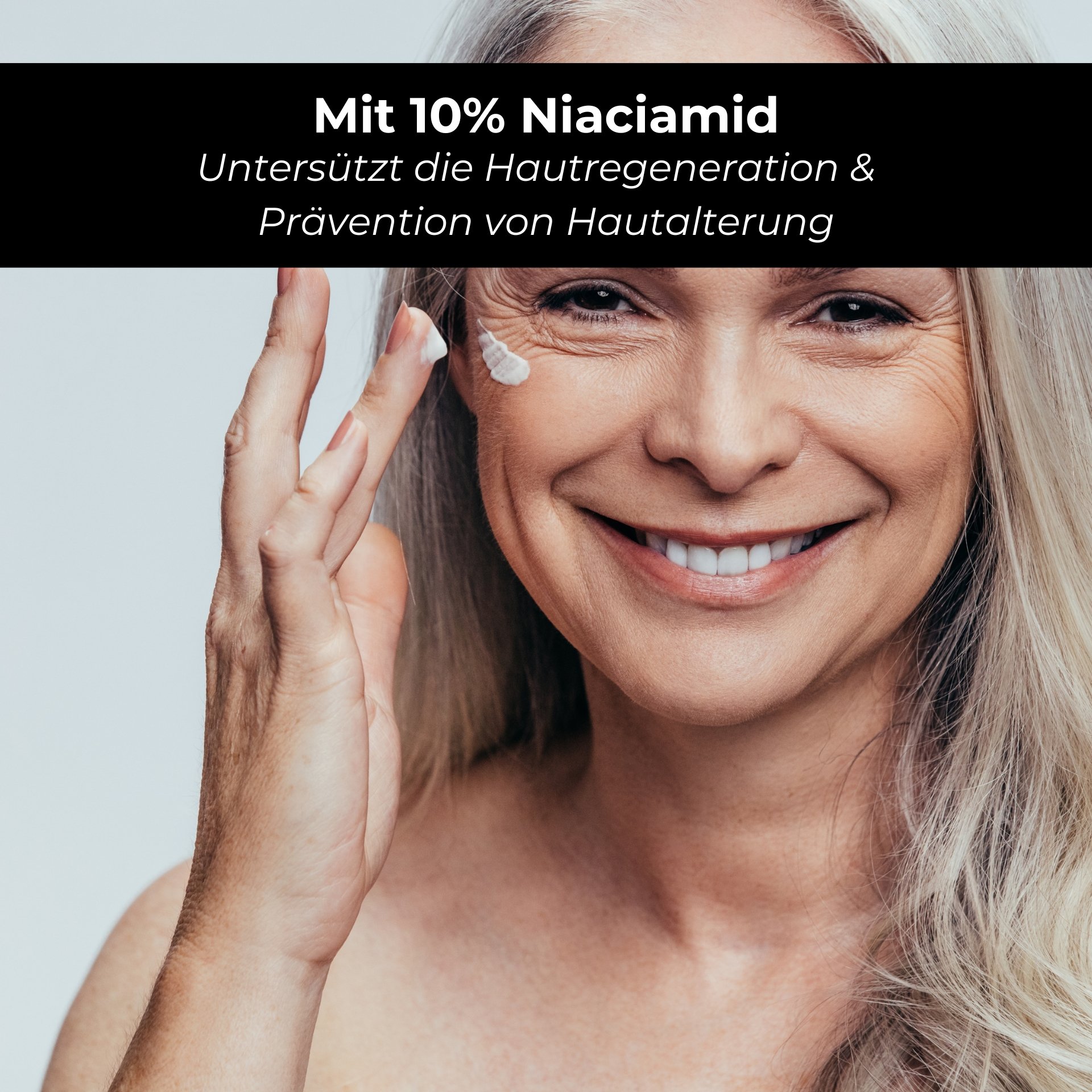 anti-aging Vorsorge: Frau bei del Applicazione des 10% Niacinamid Serums zur Vorbeugung von Alterserscheinungen.