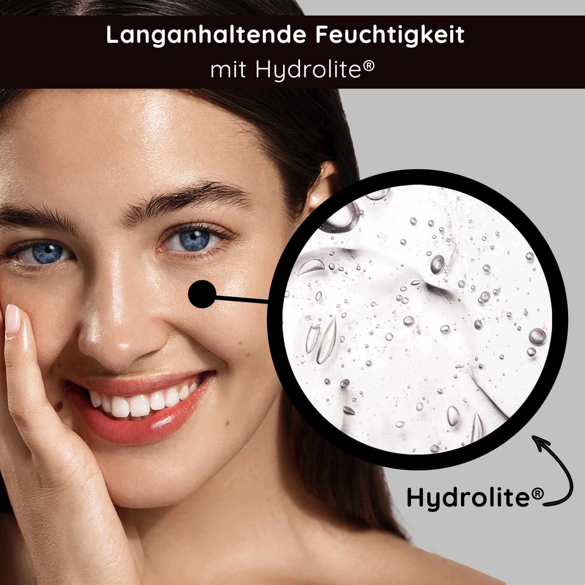 Fiale umide 7x2 ml incl. applicatore Hyaluron Booster Lächelnde Frau mit strahlender Haut, die die Vorteile von langanhaltender Feuchtigkeit mit Hydrolite® hervorhebt, ergänzt durch eine Nahaufnahme von feuchtigkeitsspendenden Tropfen.