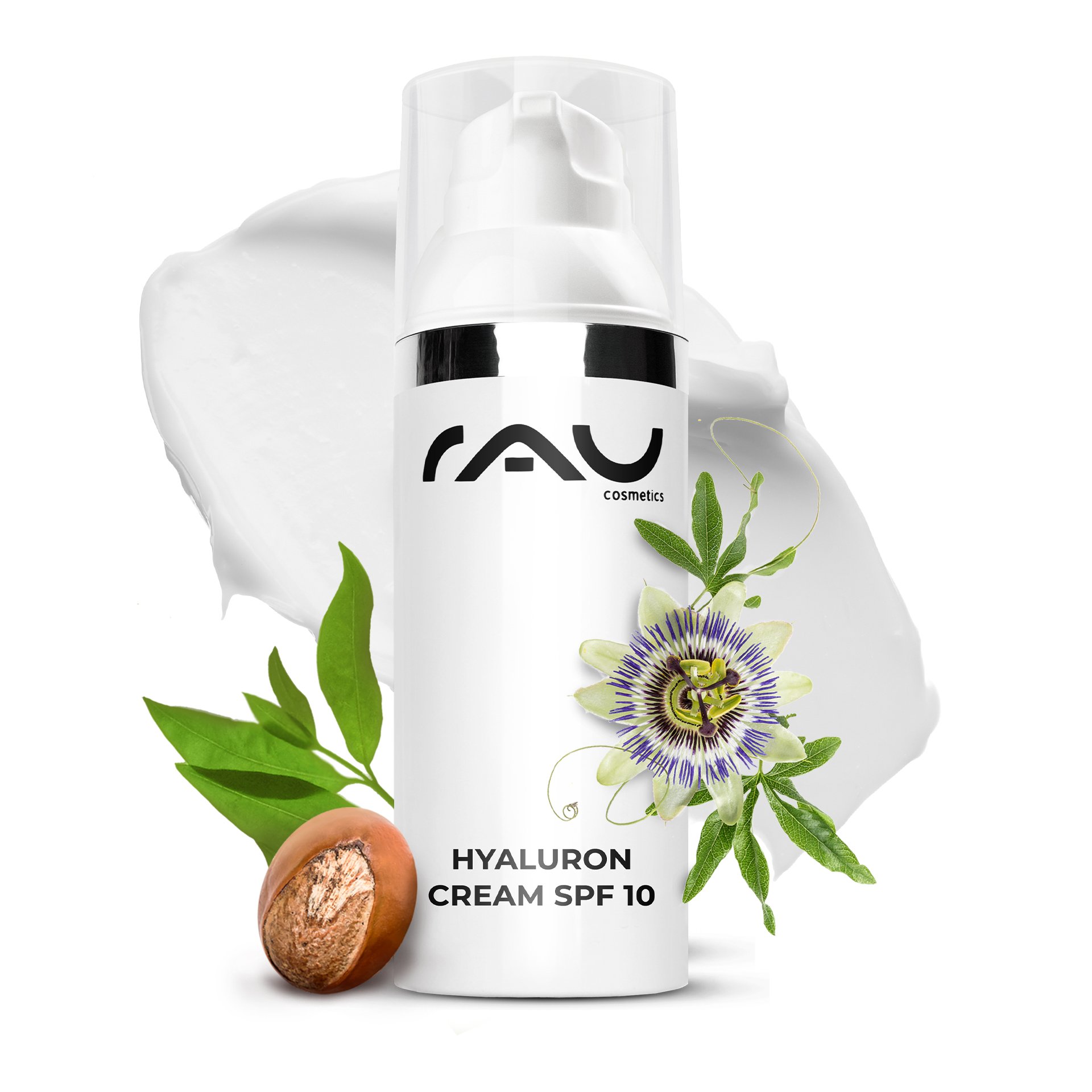RAU Hyaluron Cream SPF 10 - Crema da giorno in un elegante vasetto su uno sfondo botanico di erbe e piante attive.