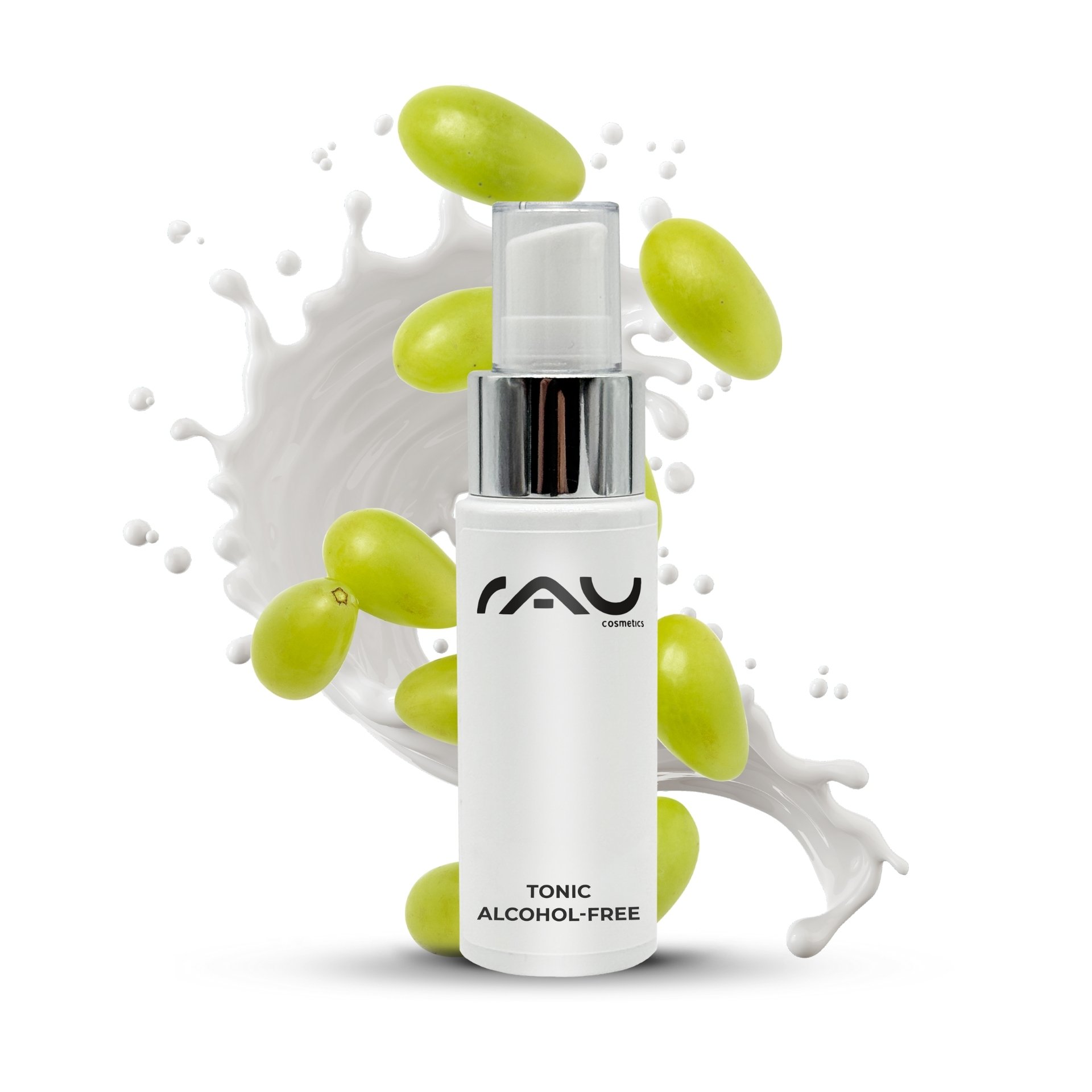 Flacone di tonico per il viso senza alcool RAU Tonic con estratto di ortica, circondato da uva verde e spruzzi di liquido, che sottolineano la detersione delicata della pelle sensibile.