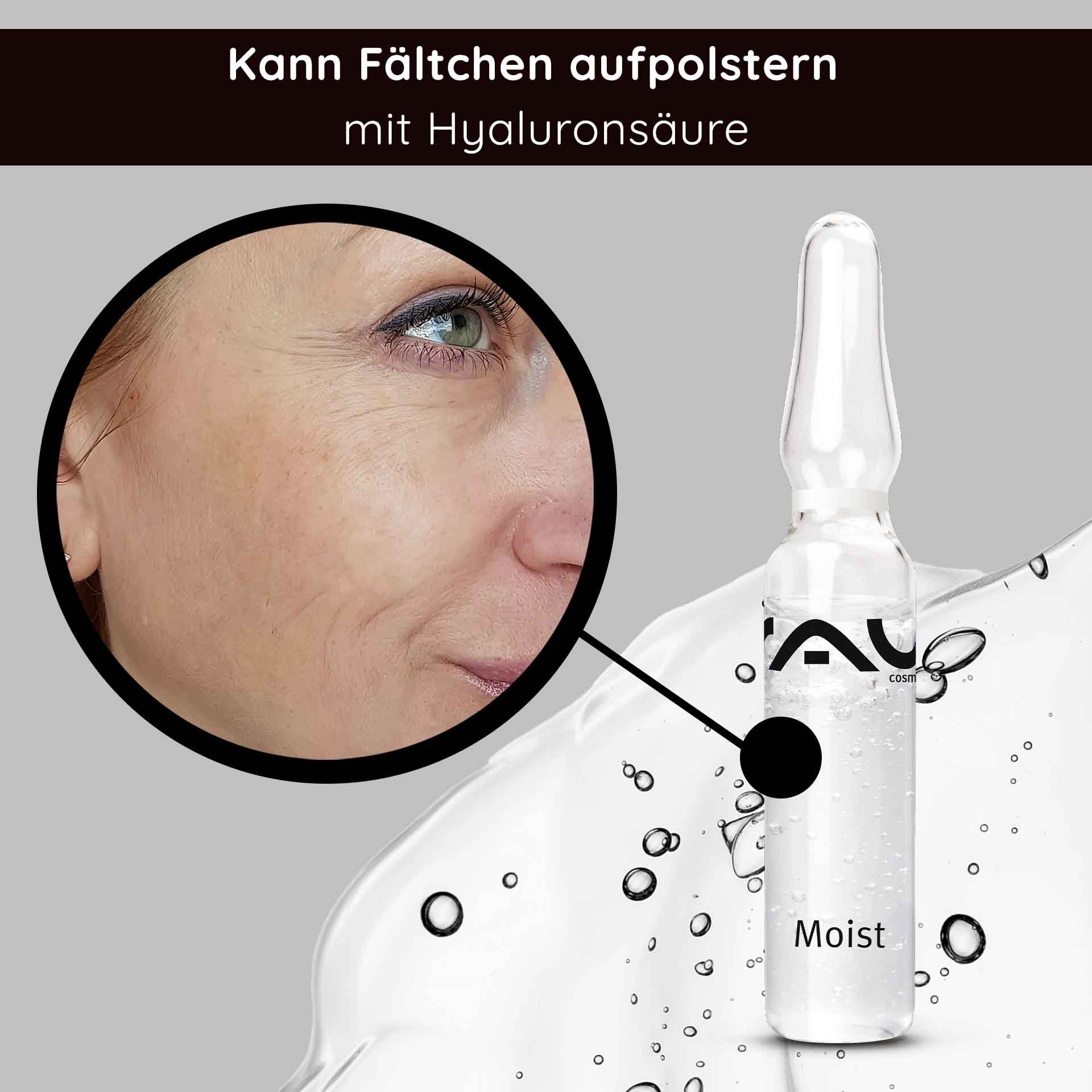 Fiala di acido ialuronico di RAU Cosmetics con primo piano della pelle con rughe sottili, sottolineando l'effetto idratante per la pelle matura.