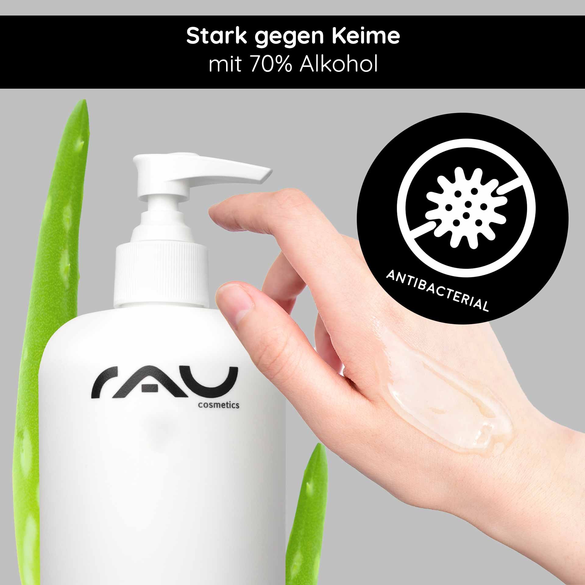 Gel detergente RAU Hand Care con il 70% di alcol, aloe vera e una mano che applica il gel, mettendo in evidenza le proprietà antibatteriche e la cura della pelle.