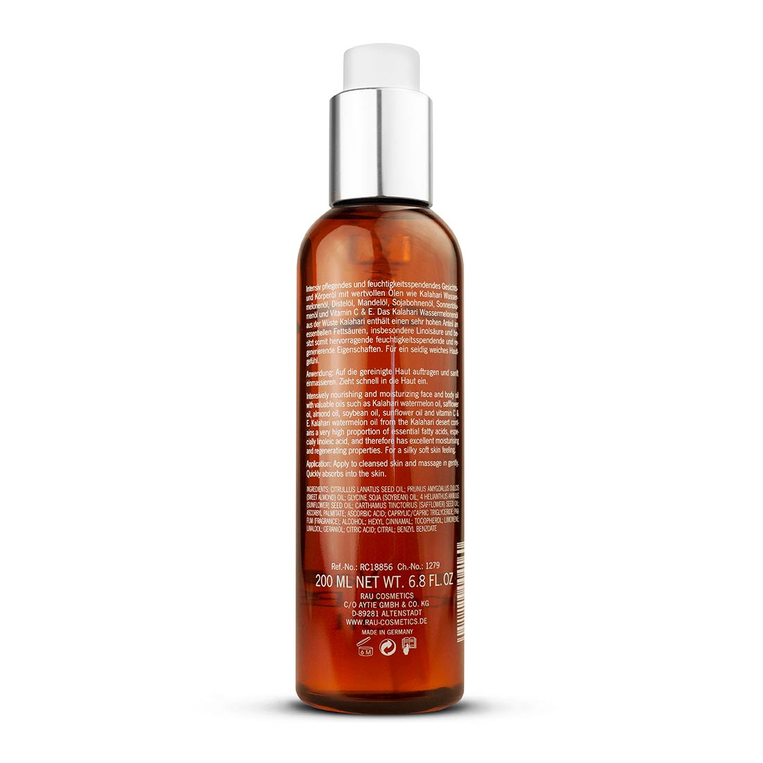 Kalhari_Watermelon_FaceBodyOil_RC18856_back Kalahari Wassermelonen-Gesichts- und Körperöl 200 ml, intensiv pflegend und feuchtigkeitsspendend, mit ätherischen Ölen, Vitamin C und E, für alle Hauttypen geeignet, für schnelles Einziehen ohne Fetten konzipiert.