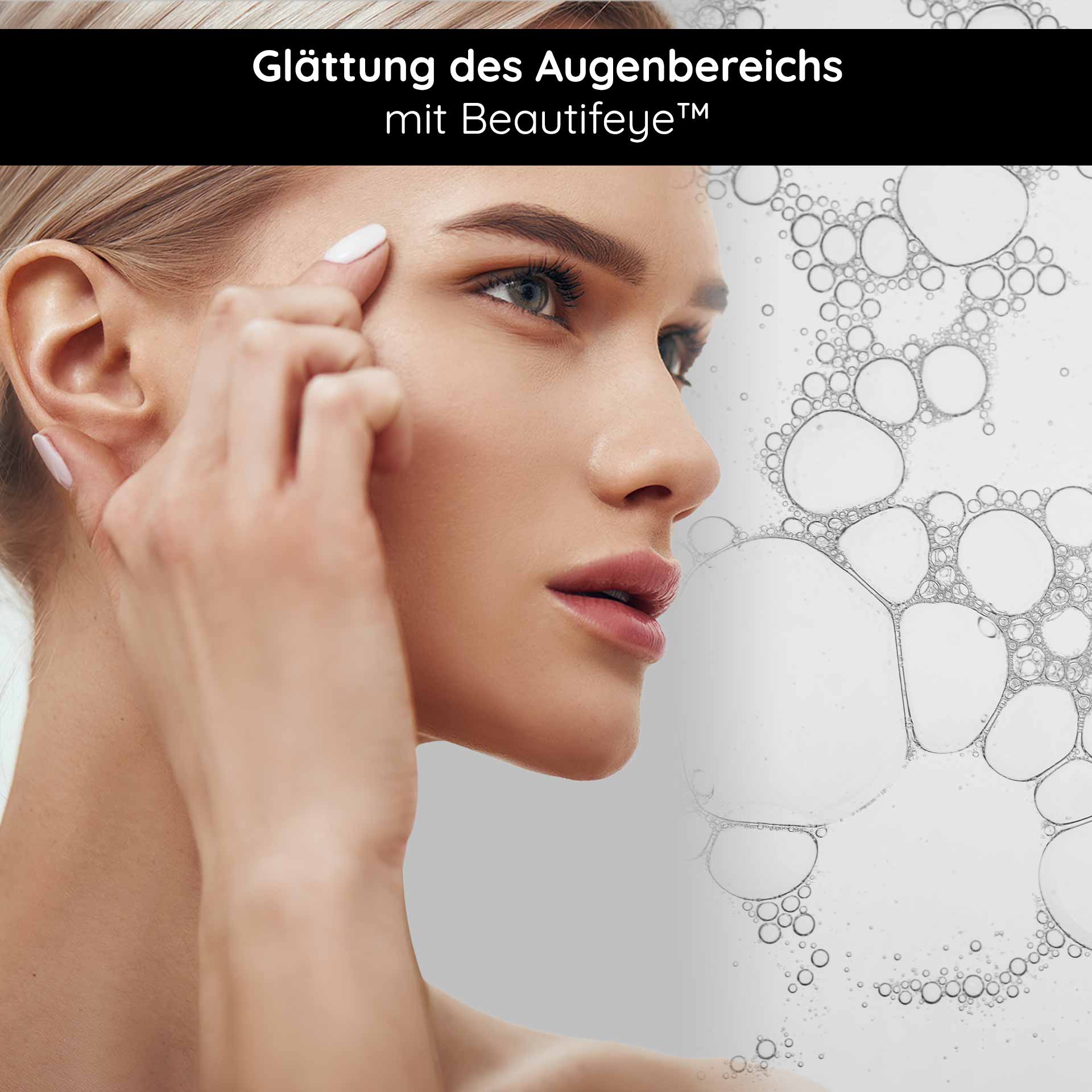 Fiale Lifting Occhi 10x2 ml con Eyeseryl e Pantenolo Frau mit glatter Haut im Augenbereich, zeigt Anwendung von Beautifeye™ zur Reduzierung von Augenfältchen, Tränensäcken und Augenringen.