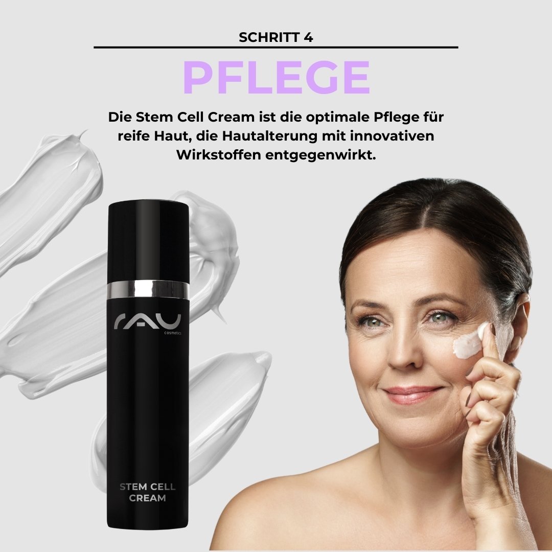 Frau con reifer pelle trägt RAU Stem Cell Cream, um Hautalterung entgegenzuwirken, umgeben von cremigen Texturen.