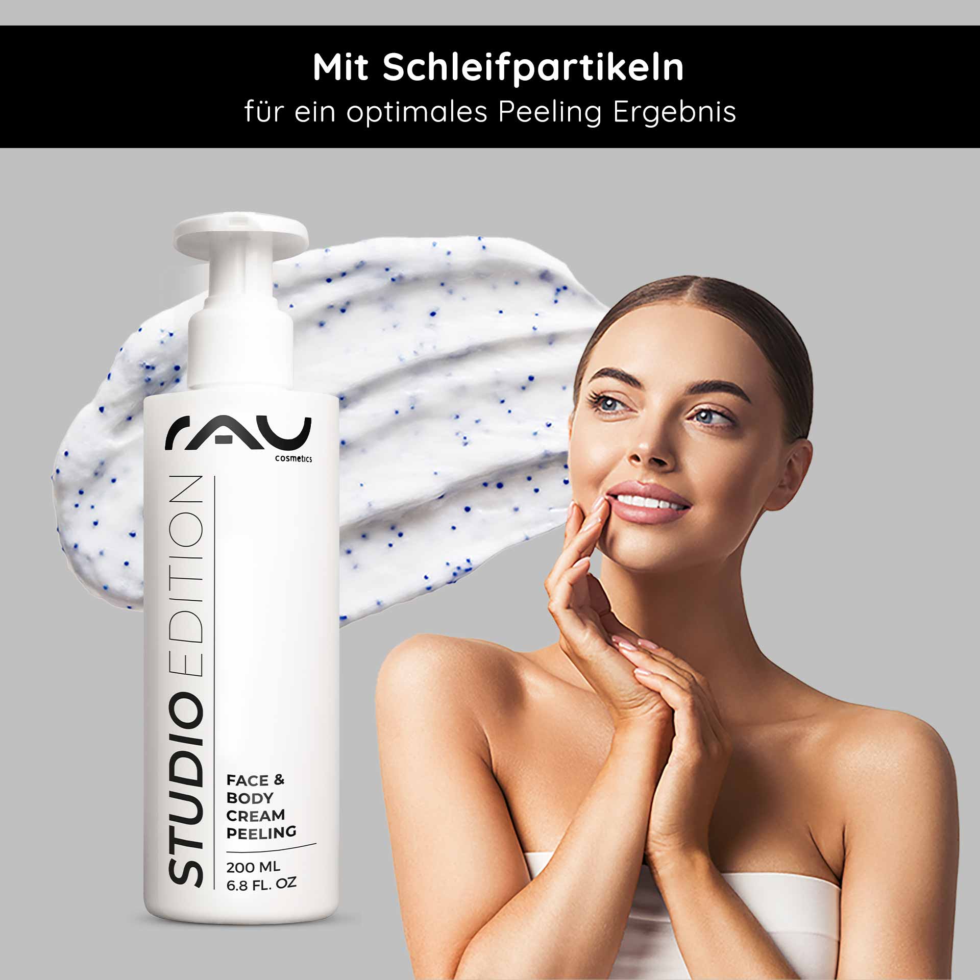 Crema peeling viso e corpo 200 ml Peeling meccanico RAU Cosmetics Studio Edition Face & Body Cream Peeling 200 ml Kabinenware – mechanisches Gesicht- und Körperpeeling mit natürlichen Schleifpartikeln, Lecithin, Mandelöl, Allantoin und Panthenol für geschmeidige Haut“