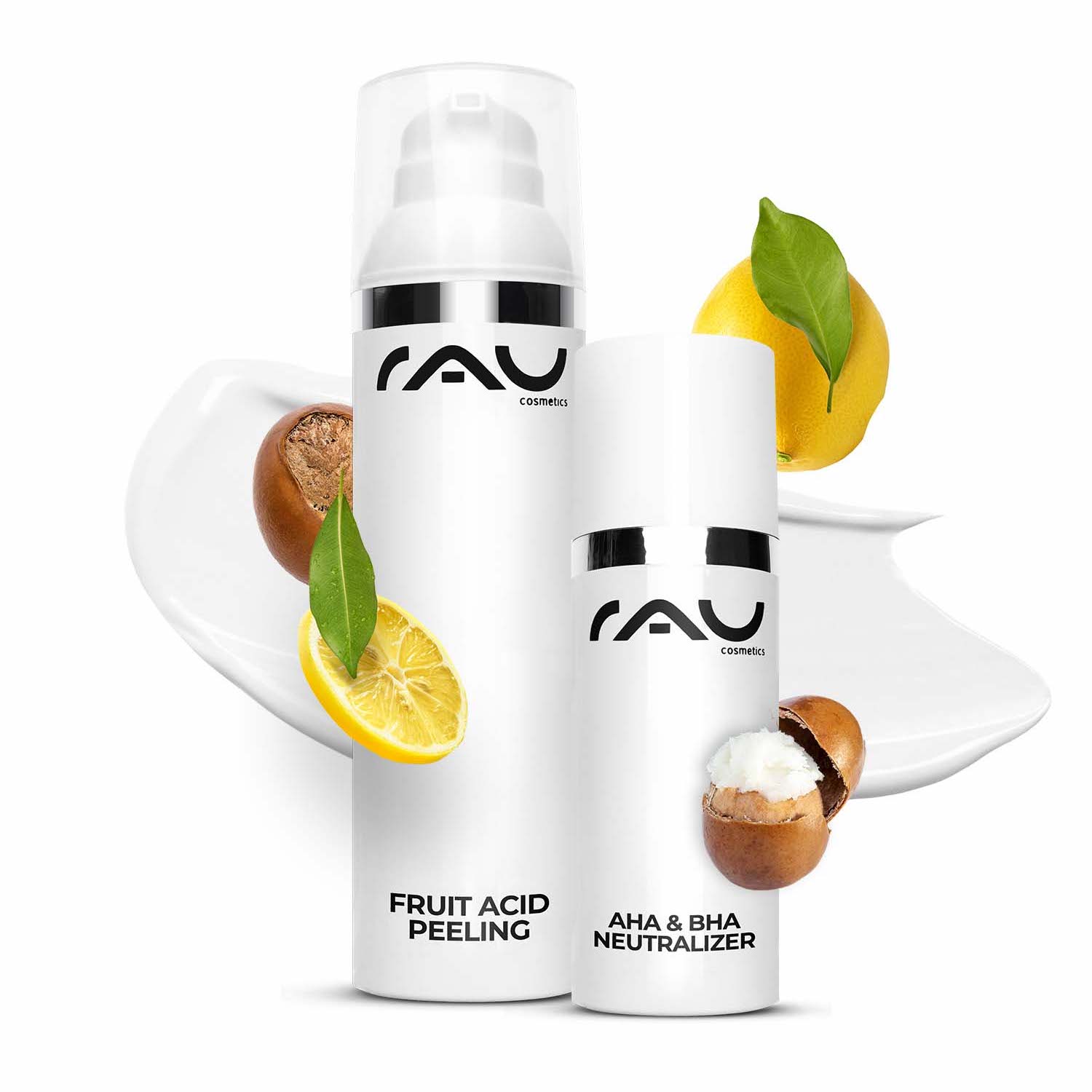 Peeling agli acidi della frutta 100 ml Peeling agli acidi della frutta con BHA Flaschen mit Fruchtsäurepeeling und AHA & BHA-Neutralisator von RAU Cosmetics mit Zitrone und Macadamianüssen, die natürliche Hautpflegebestandteile für ein effektives Peeling und eine Hautverjüngung hervorheben.
