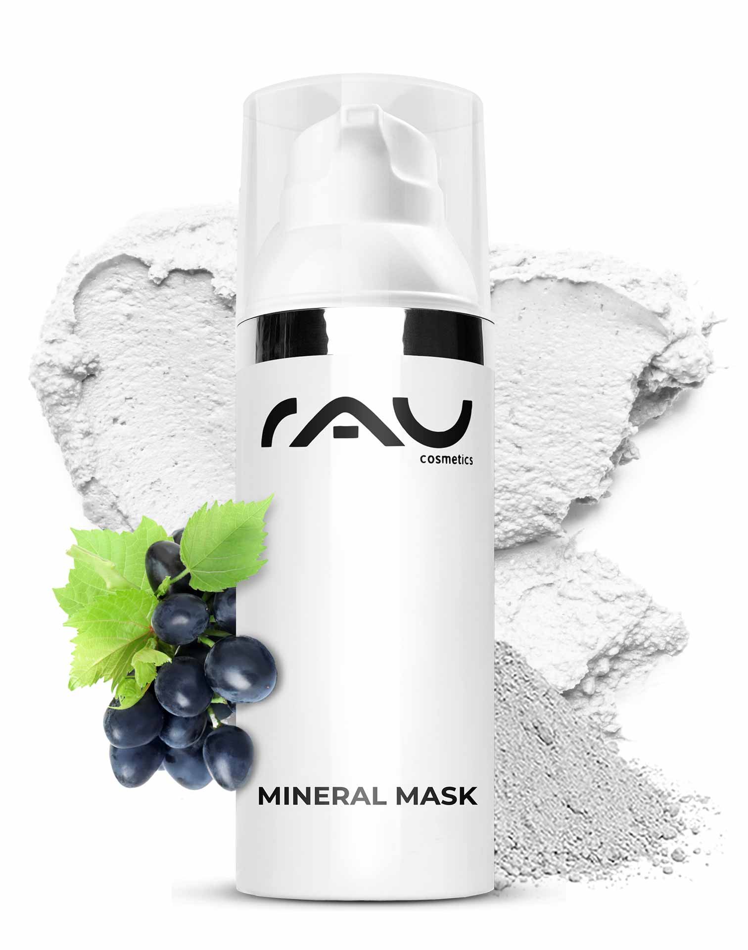 Mineral Mask von RAU Cosmetics in einer eleganten Verpackung con Pflanzenmotiven, umgeben von Rügener Heilkreide, ideal per impura e empfindliche pelle, unterstützt la Hautregeneration e mattiert.