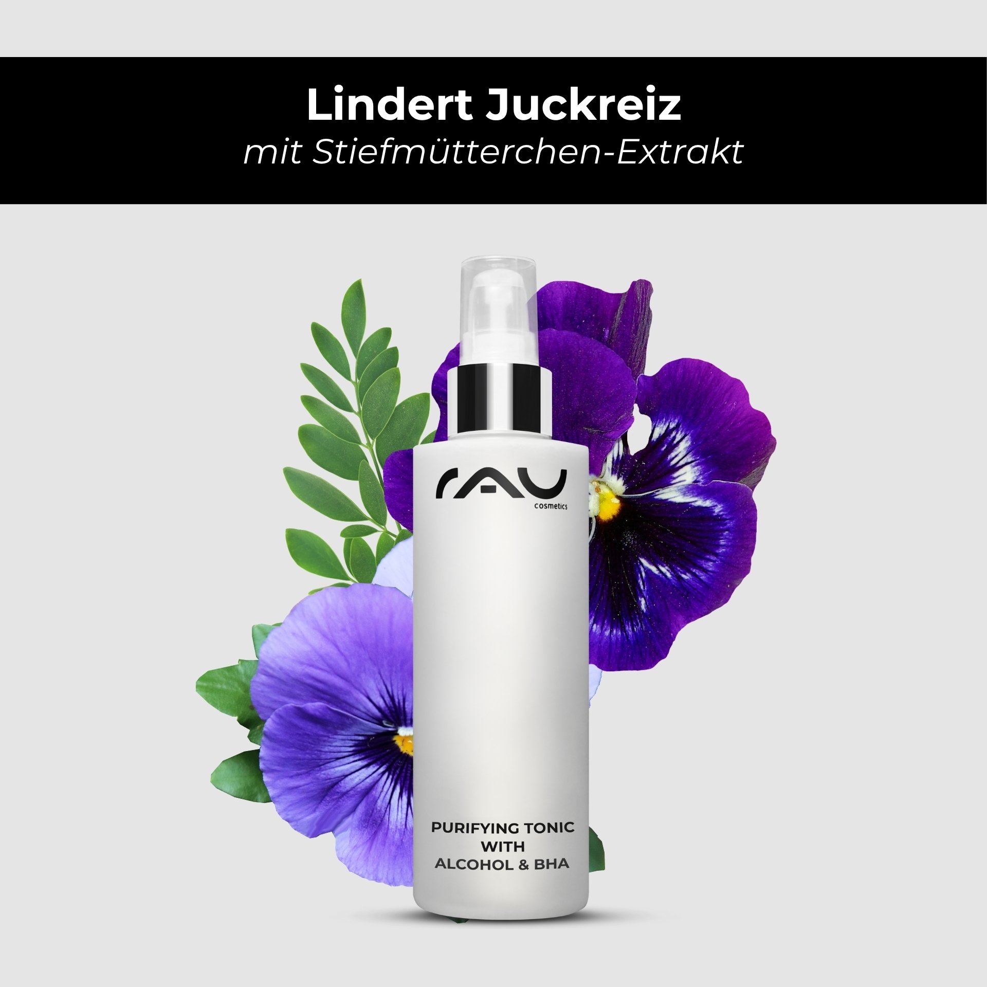 Rappresentazione estetica del flacone di Purifying Tonic circondato da erbe.