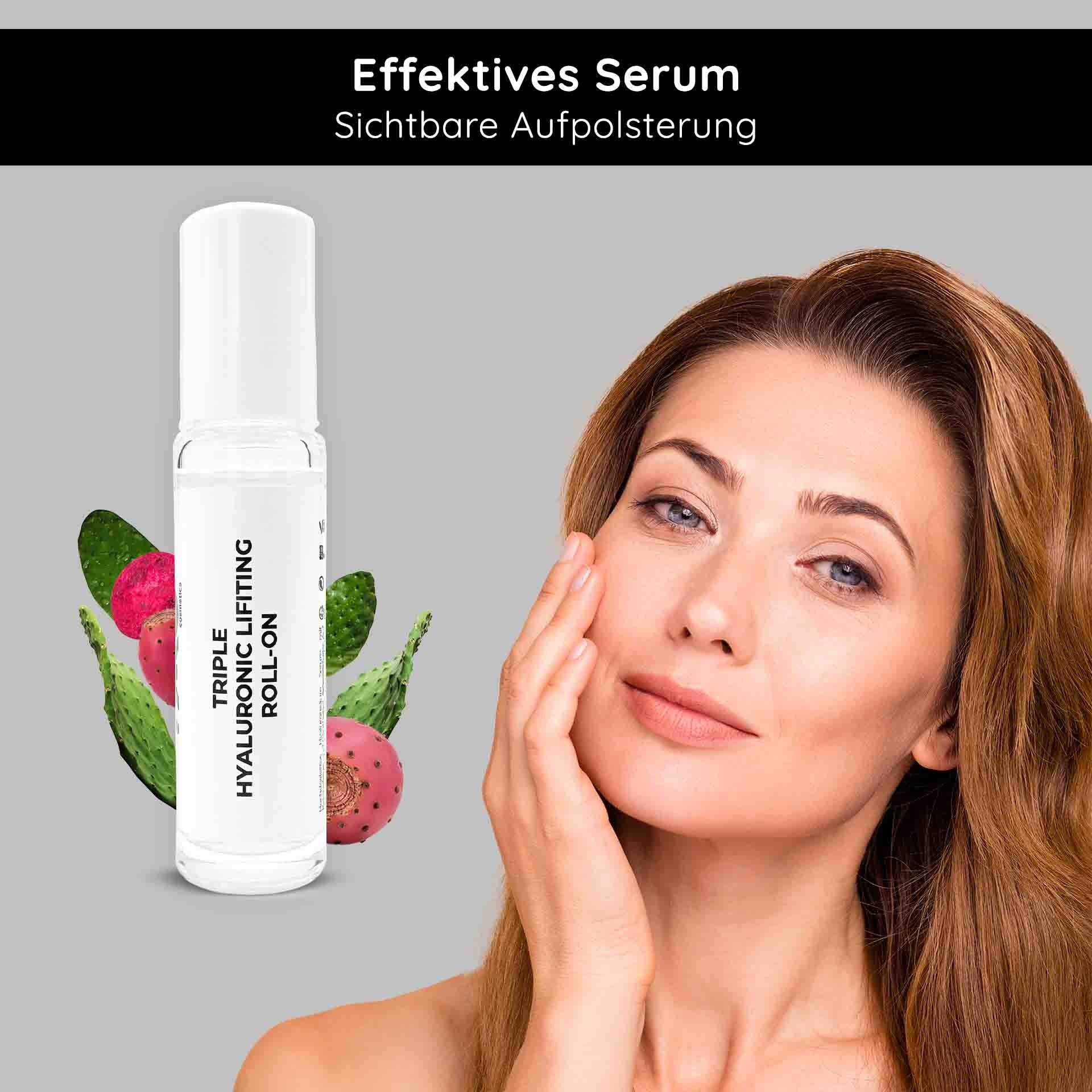 Dreifach-Hyaluron-Lifting-Serum-Roll-On 10 ml mit einer Frau, die Serum auf ihr Gesicht aufträgt, umgeben von Kaktusfrüchten, wodurch die effektiven Anti-Aging- und Feuchtigkeitsvorteile hervorgehoben werden.