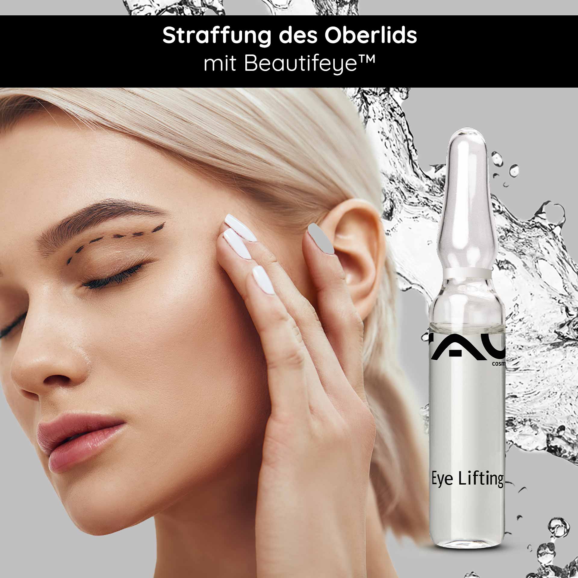 Fiale Lifting Occhi 10x2 ml con Eyeseryl e Pantenolo Frau mit geschlossenen Augen, die sanft ihre Augenpartie berührt, neben einer Eye Lifting Ampulle von RAU Cosmetics, mit Text "Straffung des Oberlids mit Beautifeye™".