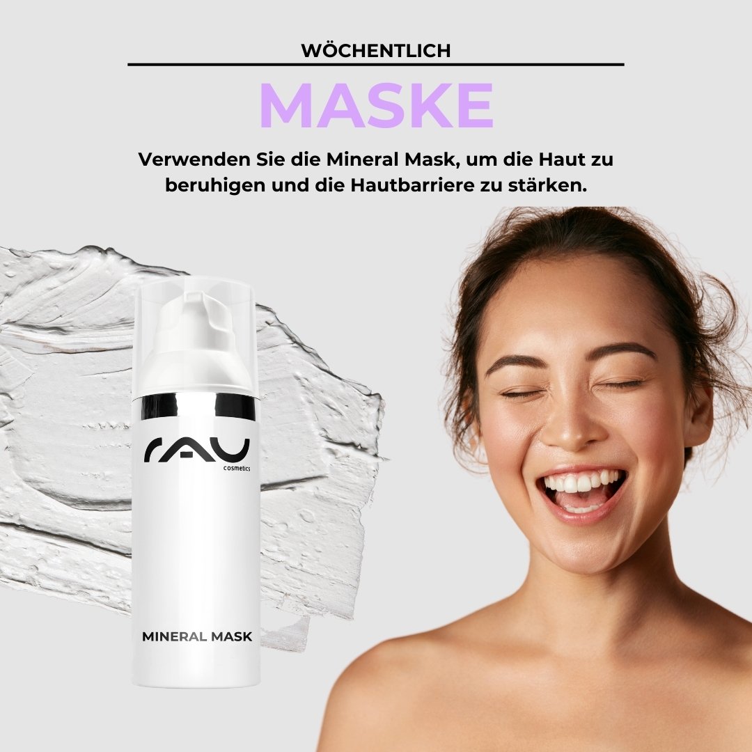 Maschera minerale di RAU Cosmetics con una donna sorridente che presenta una pelle sana e sottolinea l'effetto benefico nel trattamento della neurodermite.