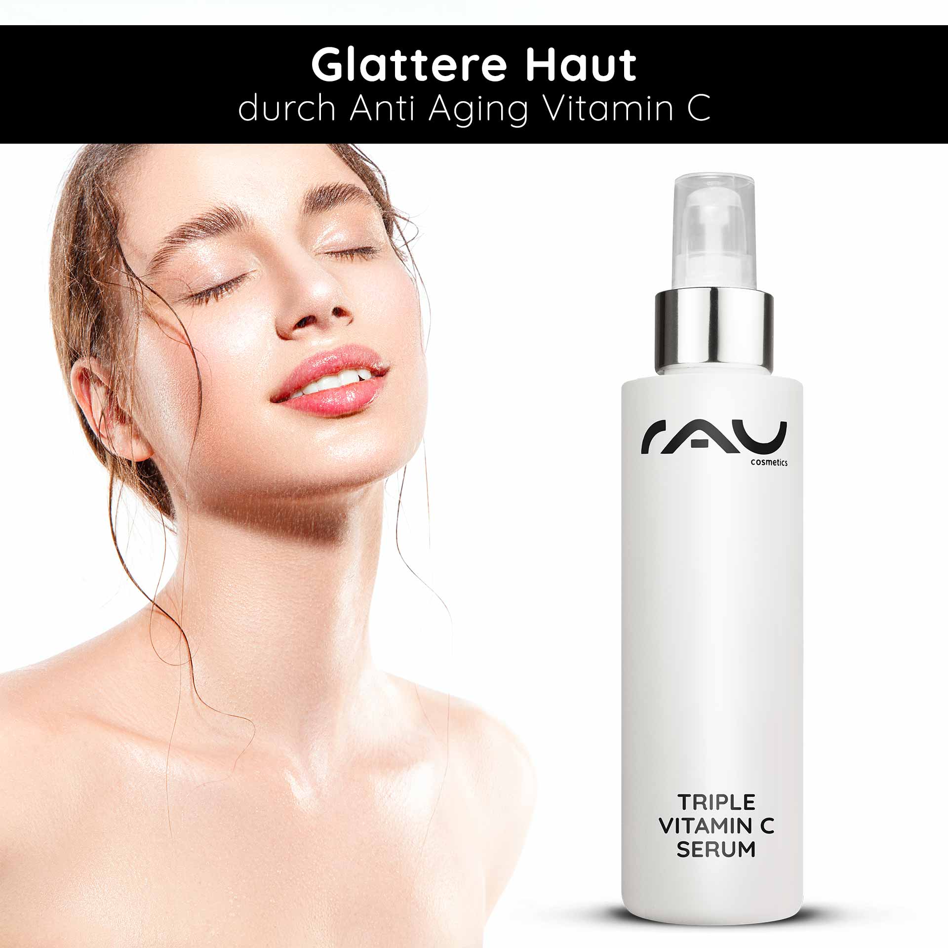 Siero triplo di vitamina C 100 ml con l'11% di acidi di vitamina C Frau mit strahlender Haut und RAU Triple Vitamin C Serum, Anti-Aging-Wirkung, feuchtigkeitsspendend, kosmetisches Produkt.