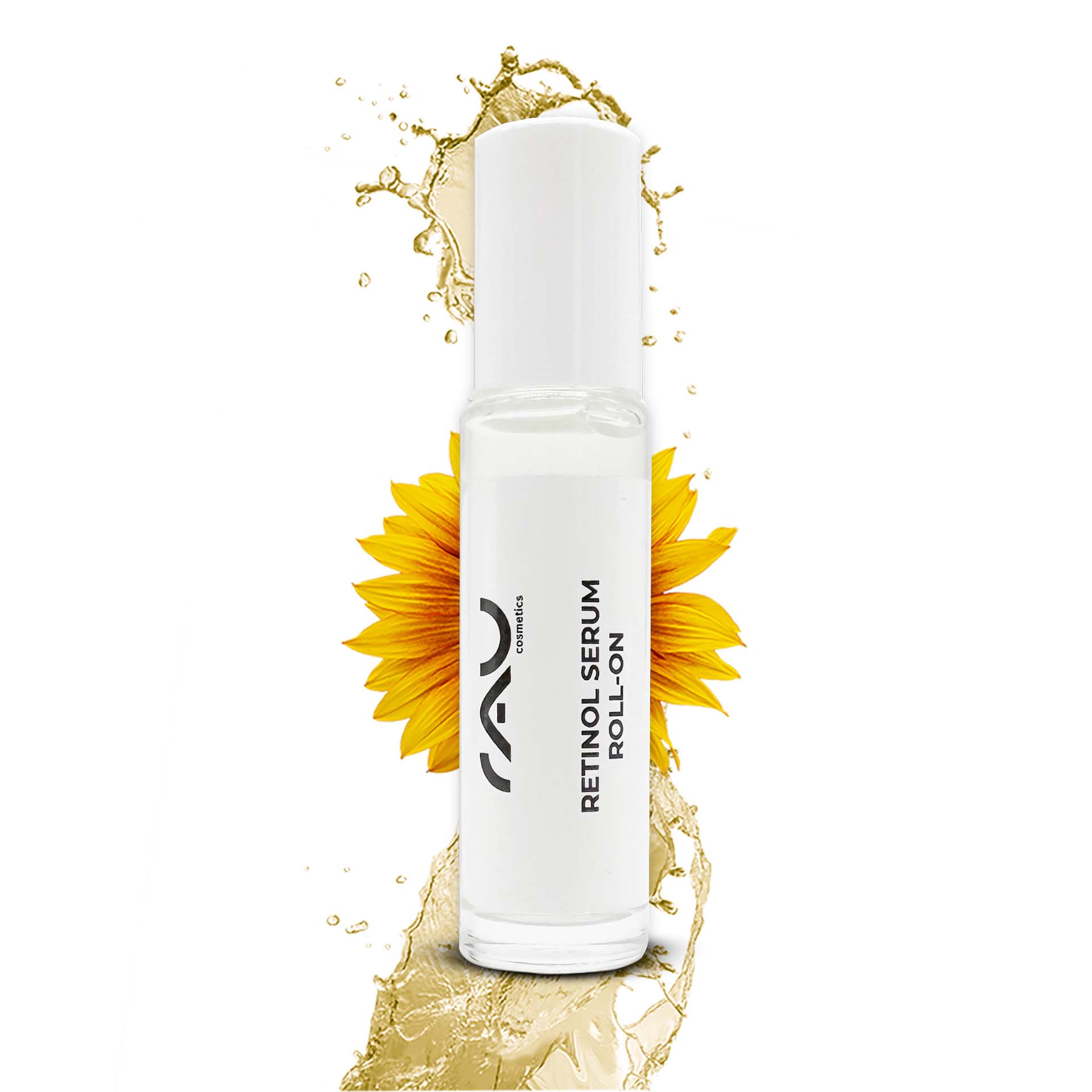 Retinol Serum Roll-On 10 ml - Siero alla vitamina A per pelli secche e mature Retinol Serum Roll-On von RAU Cosmetics, mit einer durchsichtigen Flasche mit weißem Deckel, umgeben von Sonnenblumenblütenblättern und einem Spritzer Flüssigkeit, entwickelt für die Anti-Aging-Hautpflege für trockene und reife Haut.