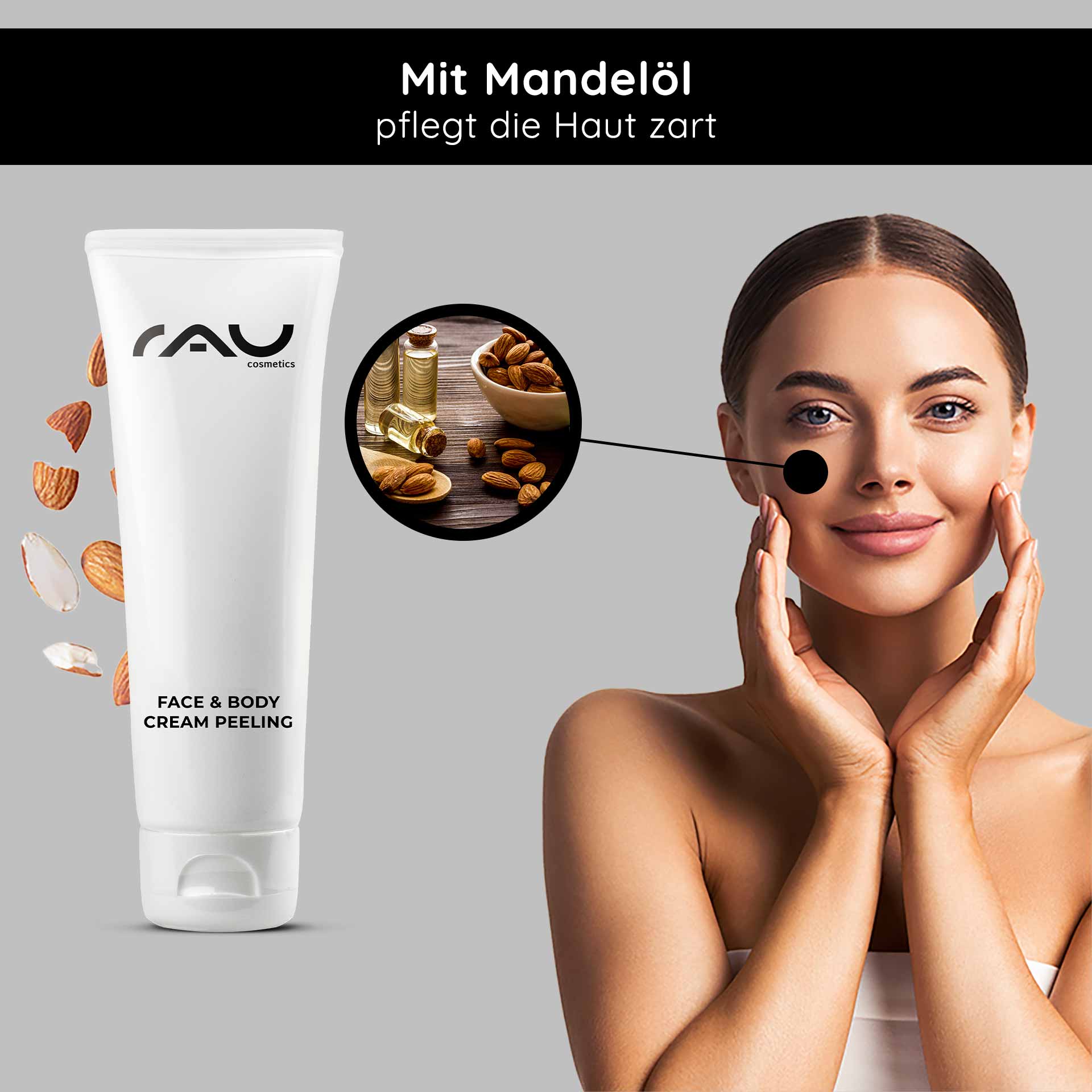 Crema peeling viso e corpo 75 ml Peeling meccanico RAU Cosmetics Gesichts- und Körpercreme-Peelingtube mit Mandelöl, Frau trägt Produkt auf ihr Gesicht auf, Hautpflegefokus, sanfte Peeling-Vorteile.
