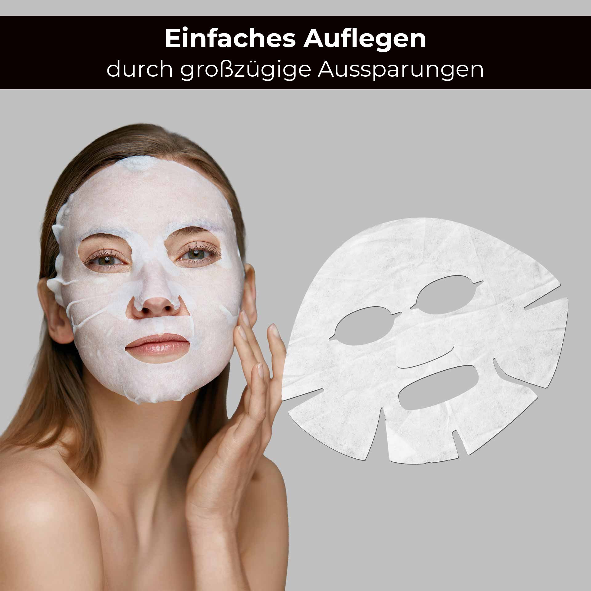 Bildtext: Einfaches Auflegen durch großzügige Aussparungen. Frau mit aufgelegter Tuchmaske im Gesicht, daneben die entfaltete Maske mit Aussparungen für Augen, Nase und Mund.