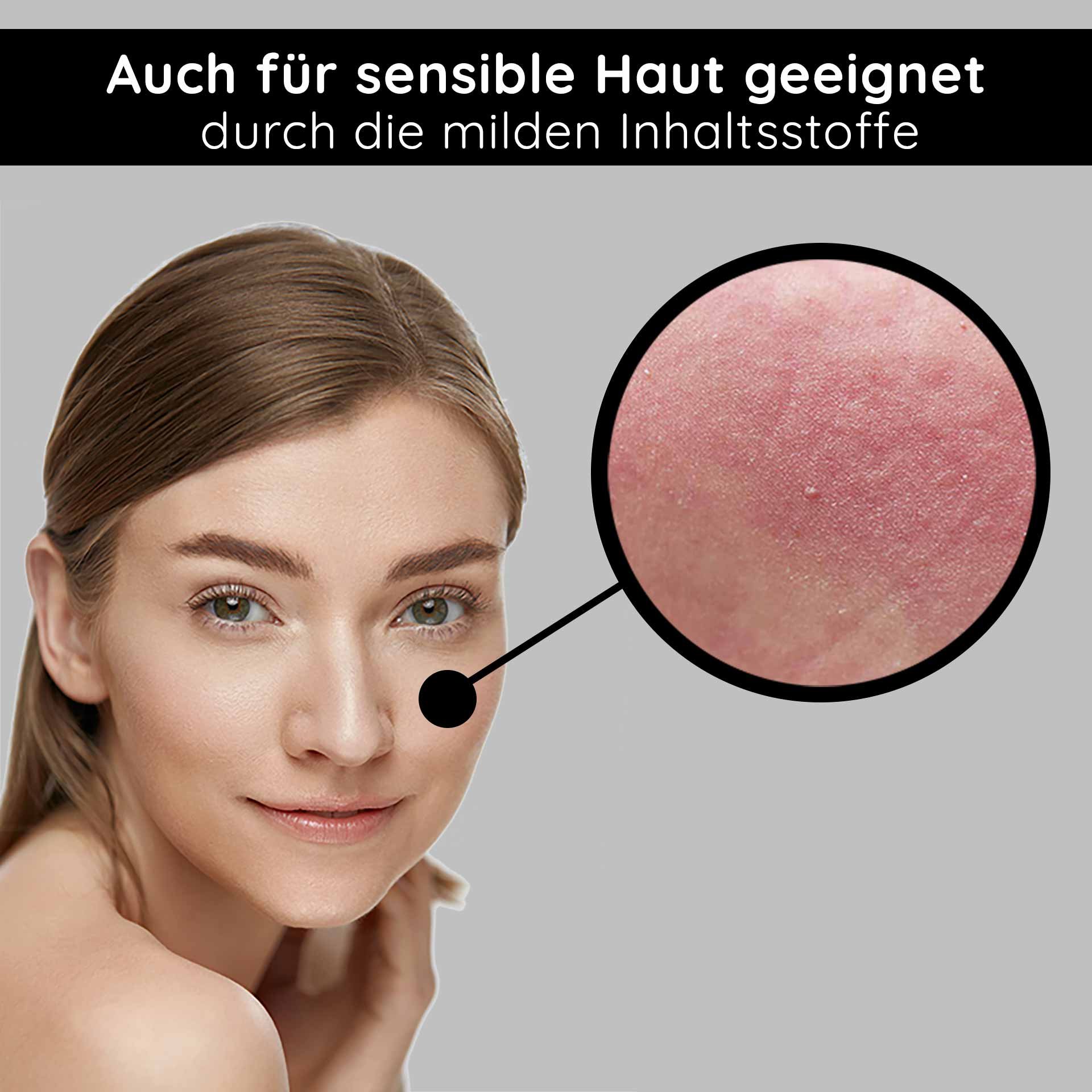 Protezione per pelli sensibili: Primo piano di una donna dal colorito radioso che sottolinea gli ingredienti delicati della crema.