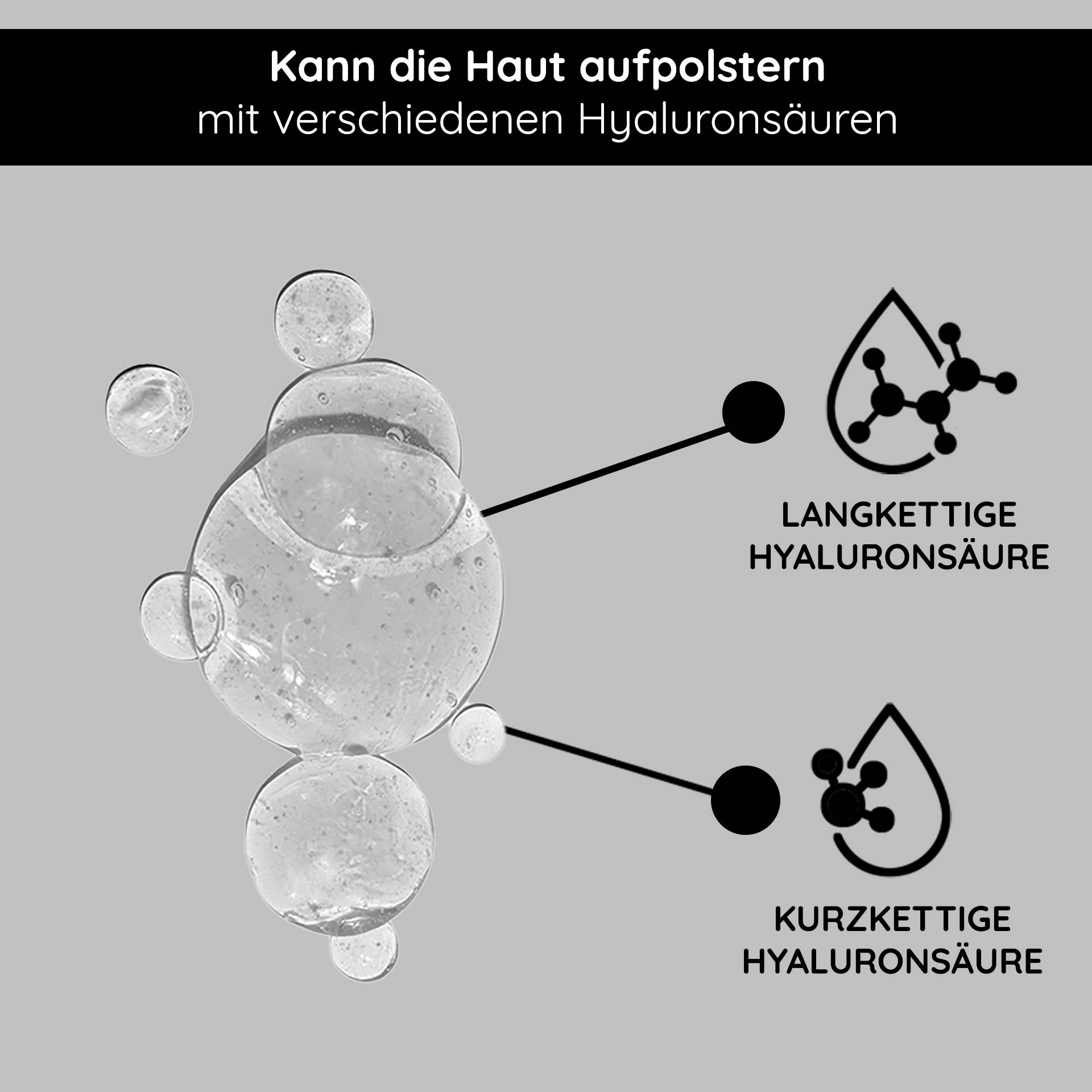Hydratisierendes Gel: Darstellung des transparenten Hyaluron-Serums, das tief in die Hautschichten eindringt.