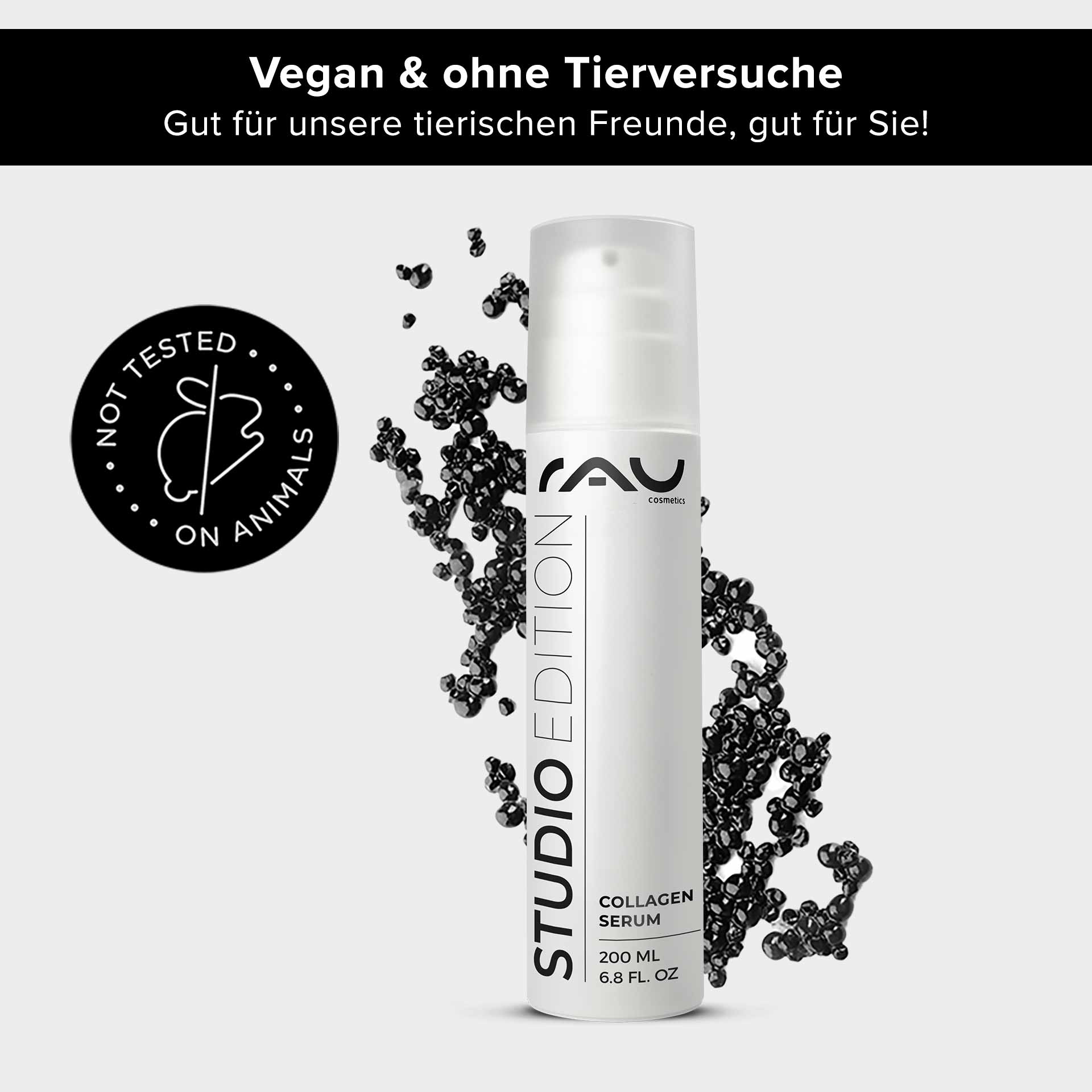 Caviar 24h Cream 200 ml Cura della pelle con estratto di caviale RAU Cosmetics Collagen Serum in einer 200-ml-Flasche mit veganem Etikett, schwarzen Blasen und dem Emblem „Nicht an Tieren getestet“, das die Vorteile für die Hautpflege hervorhebt.