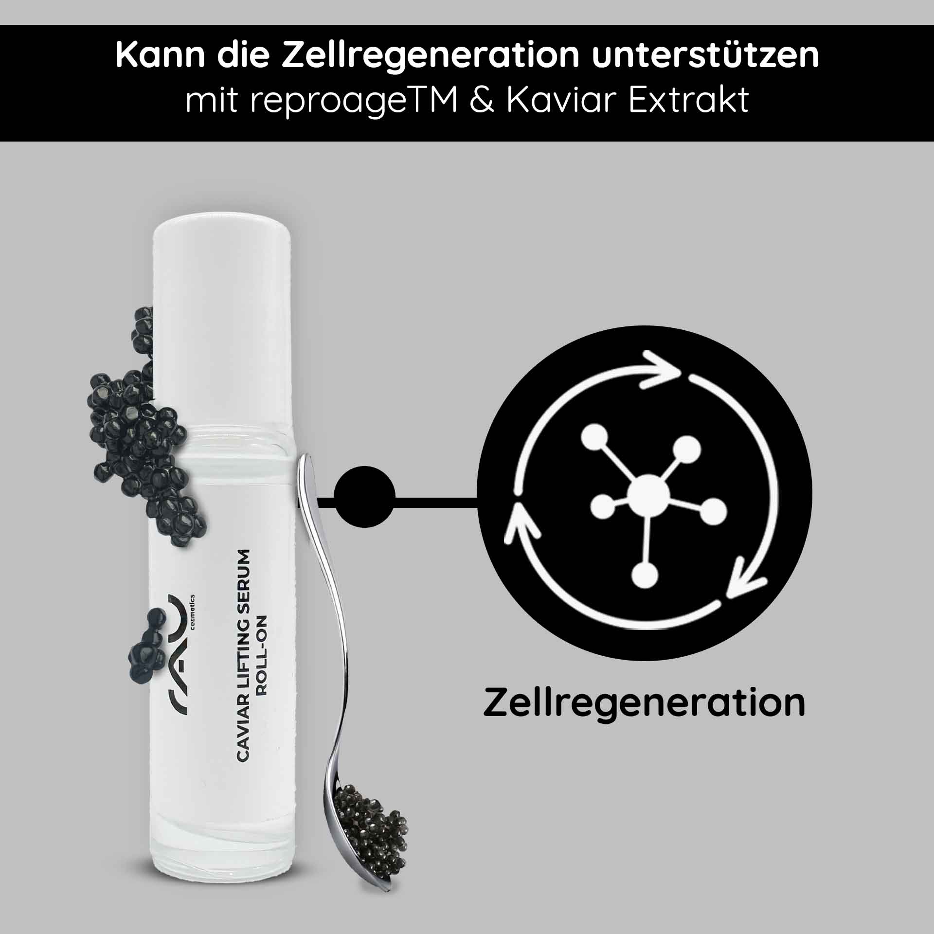 Caviar Lifting Serum Roll-On 10 ml con reproage & estratto di cavialeTriple Hyaluronic Serum Roll-On 10 ml con tripli acidi ialuronici RAU Cosmetics Caviar Lifting Serum Roll-On 5 ml in edler Verpackung – Anti-Aging-Serum mit Kaviarextrakt und Reproage™-Peptiden für reife Haut.“