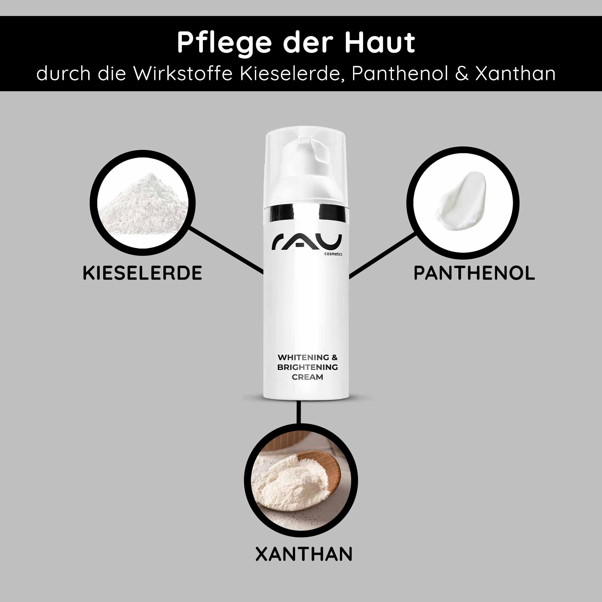 RAU Cosmetics Whitening & Brightening Cream con silice, pantenolo e xantano per la cura della pelle e la riduzione dei pigmenti.