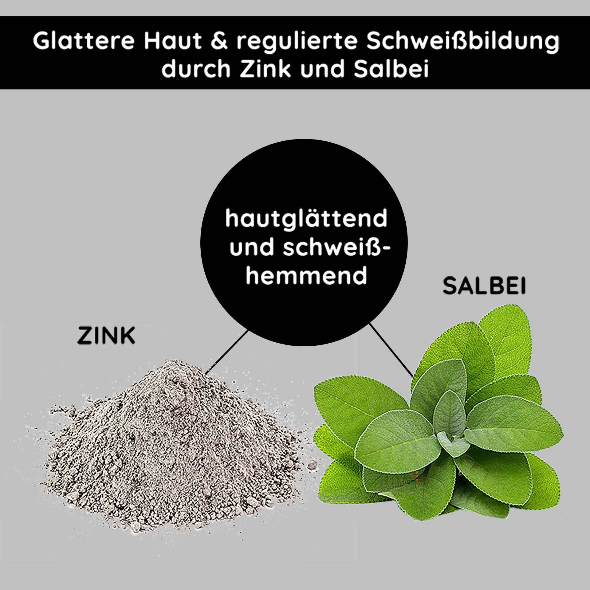 ingredienti del Mineralmaske: Zinkpulver e Salbeiblätter, la per glattere pelle sorgen e la Schweißproduktion regulieren, con hervorgehobenen Vorteilen im deutschen Text.