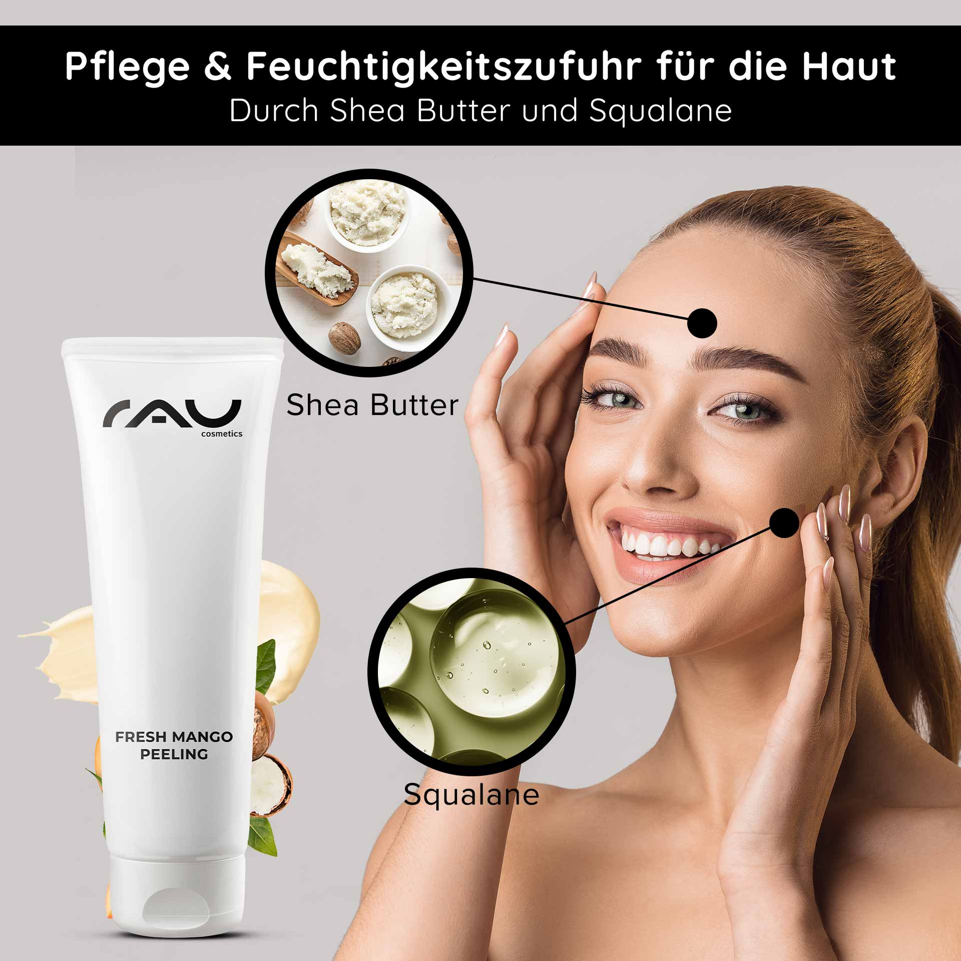 Peeling al mango fresco 75 ml Peeling enzimatico al profumo di mango Tube mit frischem Mango-Peeling von RAU Cosmetics, die die Vorteile von Sheabutter und Squalan hervorhebt. Lächelnde Frau beim Auftragen der Hautpflege, wobei die Feuchtigkeitsversorgung und das sanfte Peeling für alle Hauttypen im Vordergrund stehen.