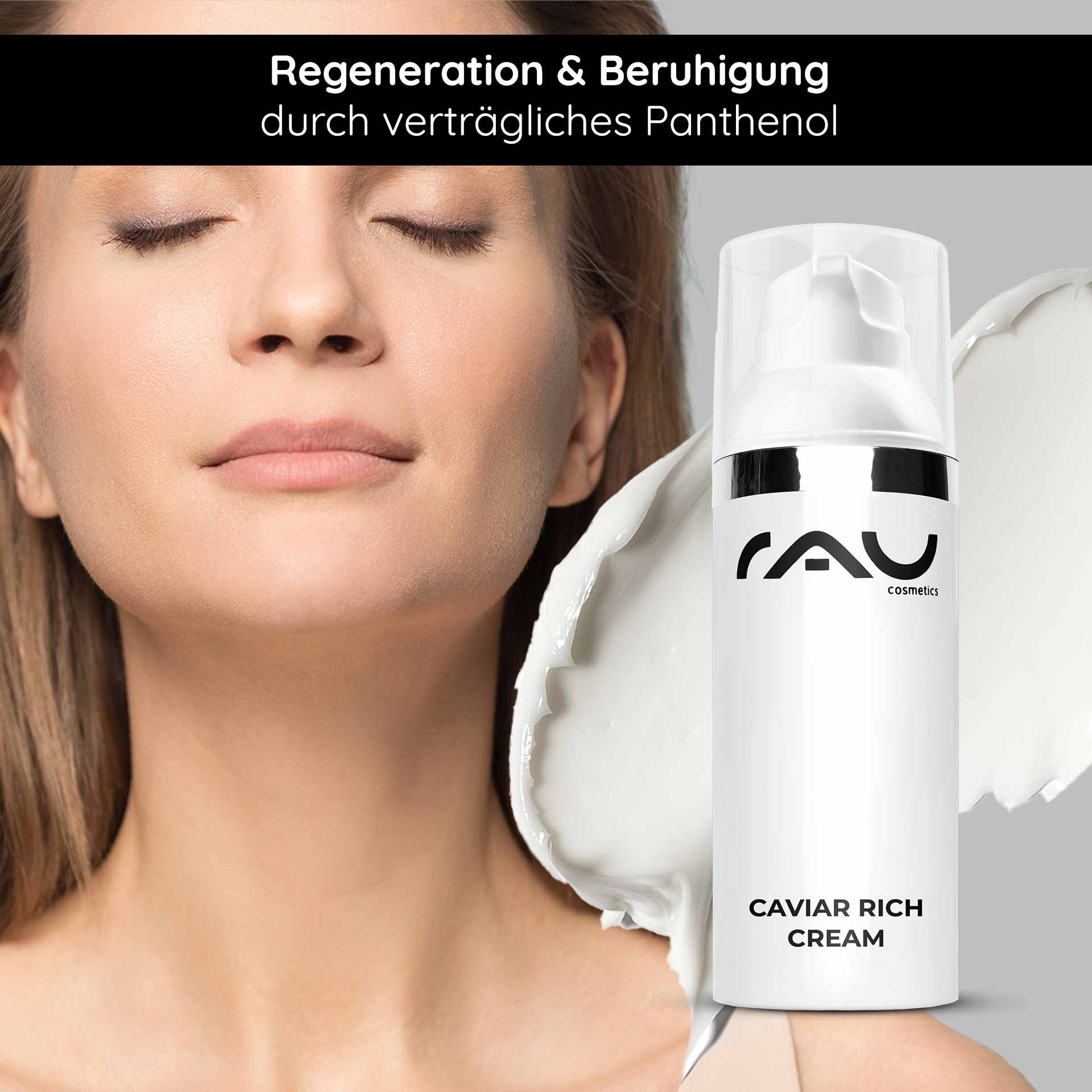 Donna ad occhi chiusi che tiene Caviar Rich Cream di RAU Cosmetics, con focus su ingredienti rigeneranti e lenitivi come il pantenolo.