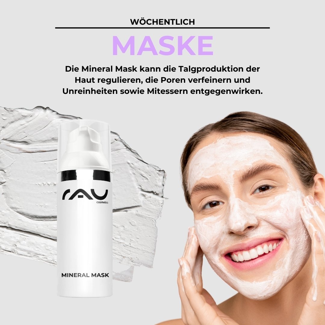 Mineralmaske von RAU Cosmetics su dem viso einer lächelnden Frau aufgetragen, mostra Hautpflege zur Regulierung del Ölproduktion e Reduzierung von Unreinheiten.