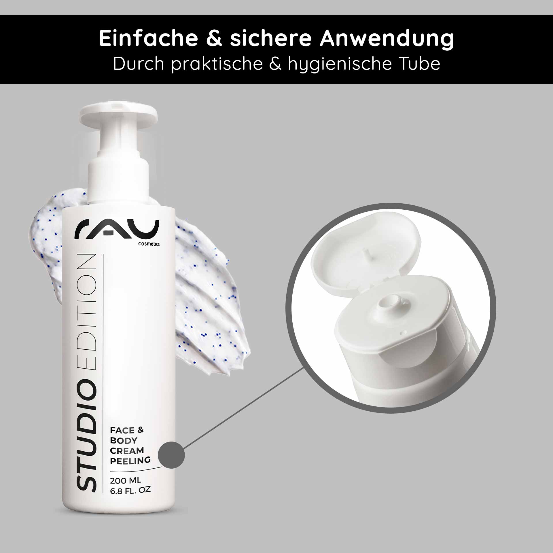 Crema peeling viso e corpo 200 ml Peeling meccanico RAU Cosmetics Studio Edition Face & Body Cream Peeling 200 ml Kabinenware – mechanisches Gesichts- und Körperpeeling mit natürlichen Schleifpartikeln, Lecithin, Mandelöl, Allantoin und Panthenol