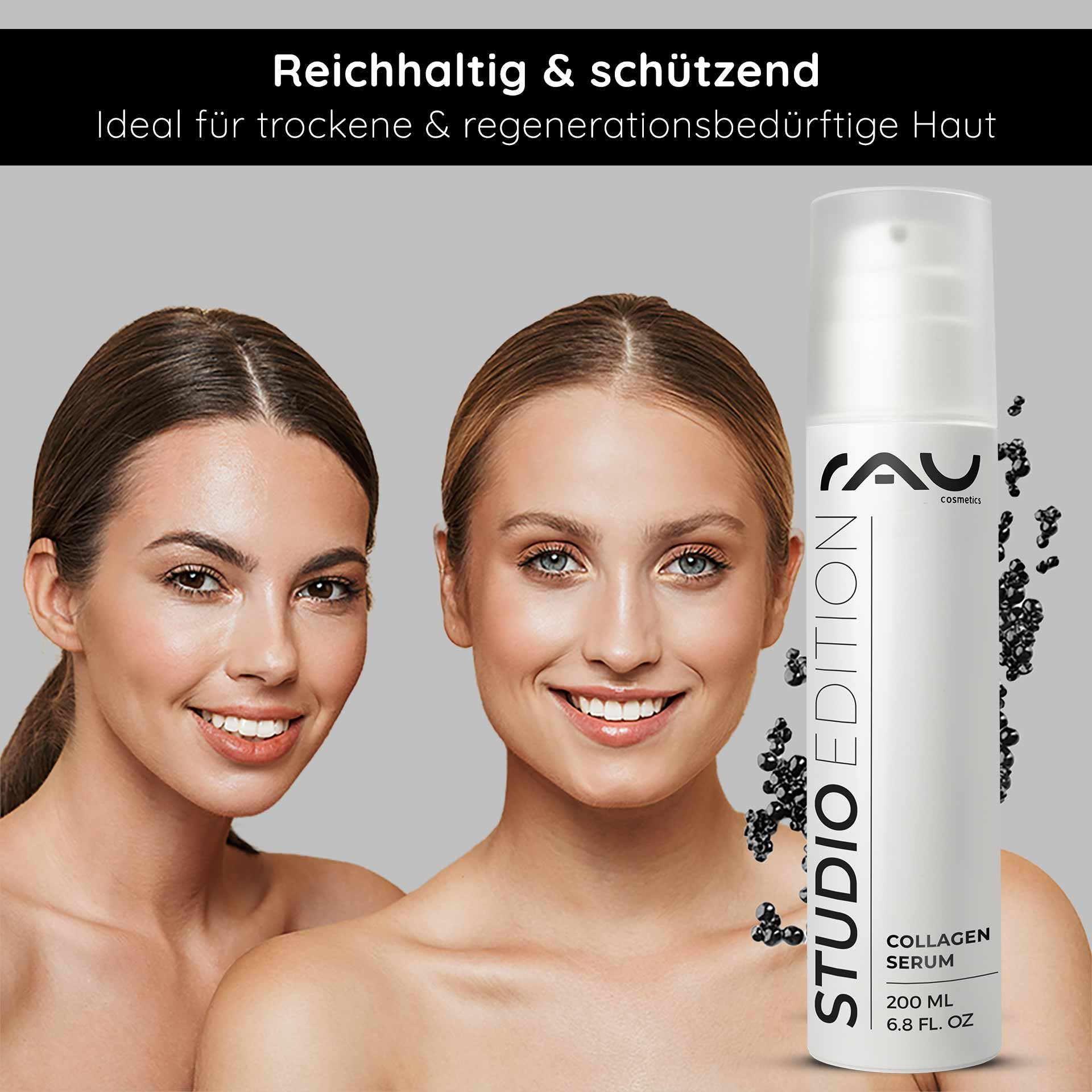 Zwei Frauen mit strahlenden Gesichtern, die gesunde Haut zeigen, neben einer Flasche RAU Cosmetics Collagen Serum, betont die Vorteile für trockene und regenerationsbedürftige Haut.
