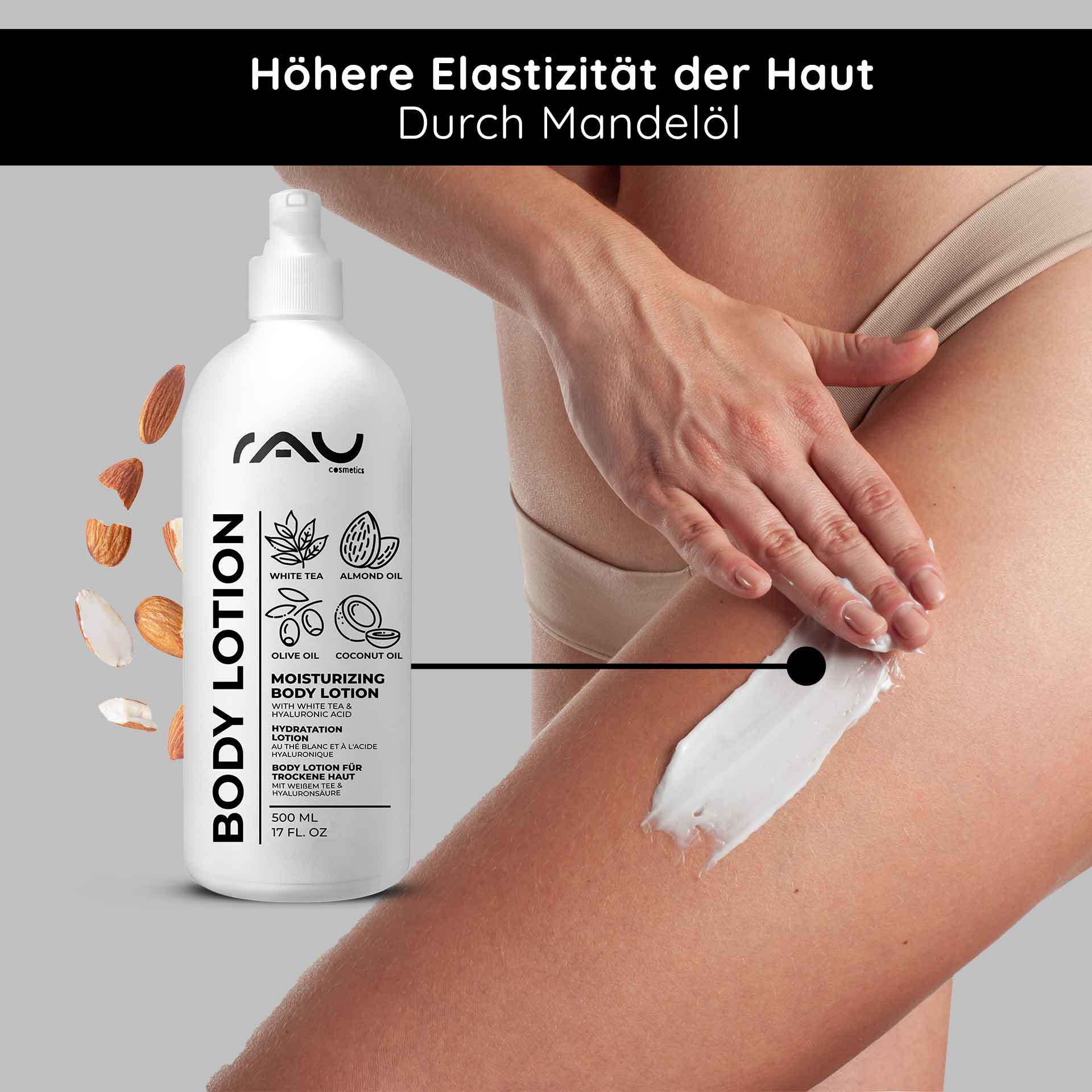 Flasche der RAU Cosmetics White Tea Body Lotion mit Feuchtigkeitscreme zum Auftragen auf die Haut, mit Inhaltsstoffen wie Mandelöl und Kokosöl, die die Hautelastizität und Feuchtigkeitsversorgung trockener Haut fördern.